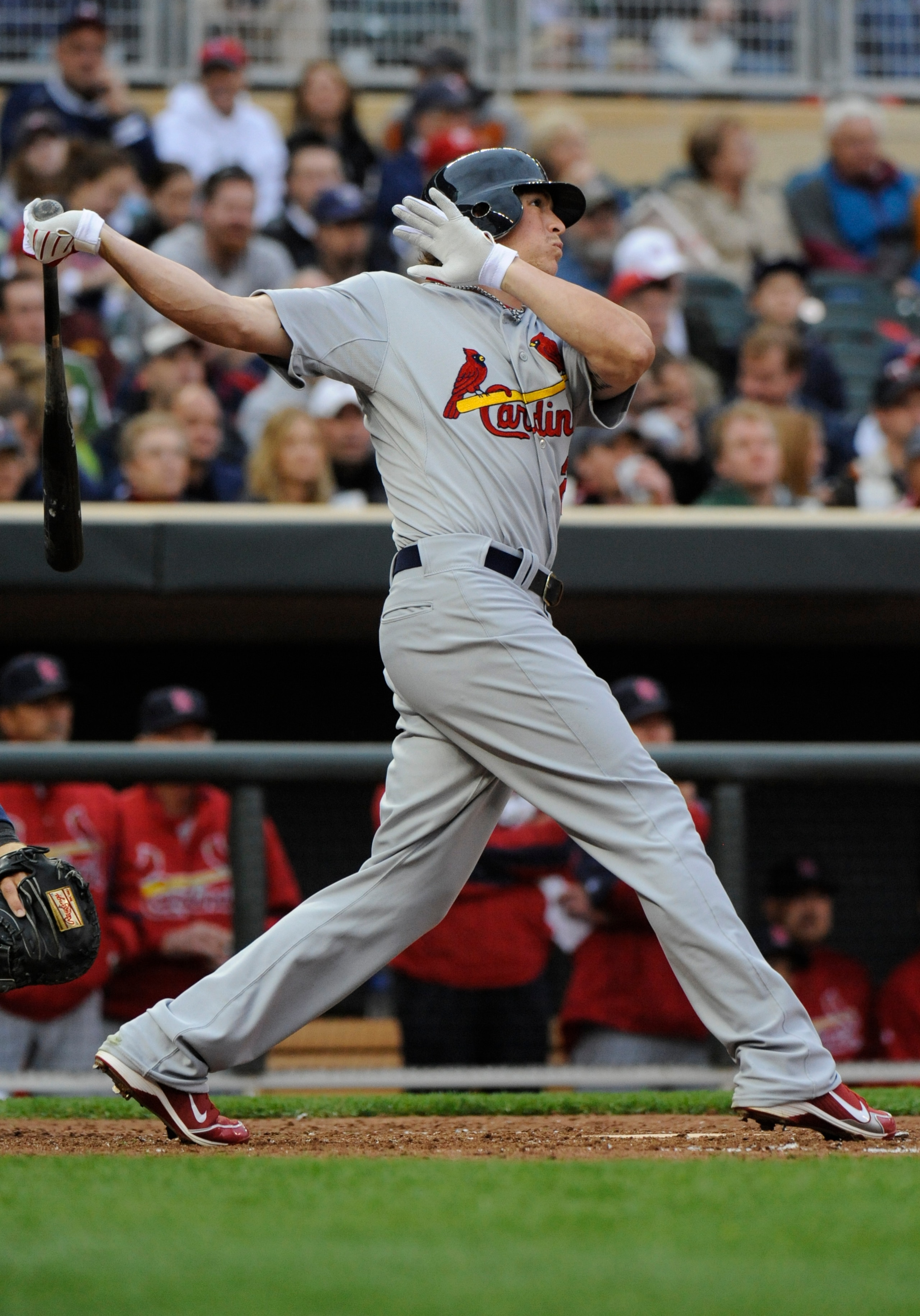 MINNESOTA, MN - APRIL 2: Colby Rasmus #28 of St. Louis Cardinals hits a homerun in the fourth inning against the Minnesota Twins during an exhibition game at Target Field on April 2, 2010 in Minneapolis, Minnesota. Cardinals defeated the Twins 8-4. (Photo