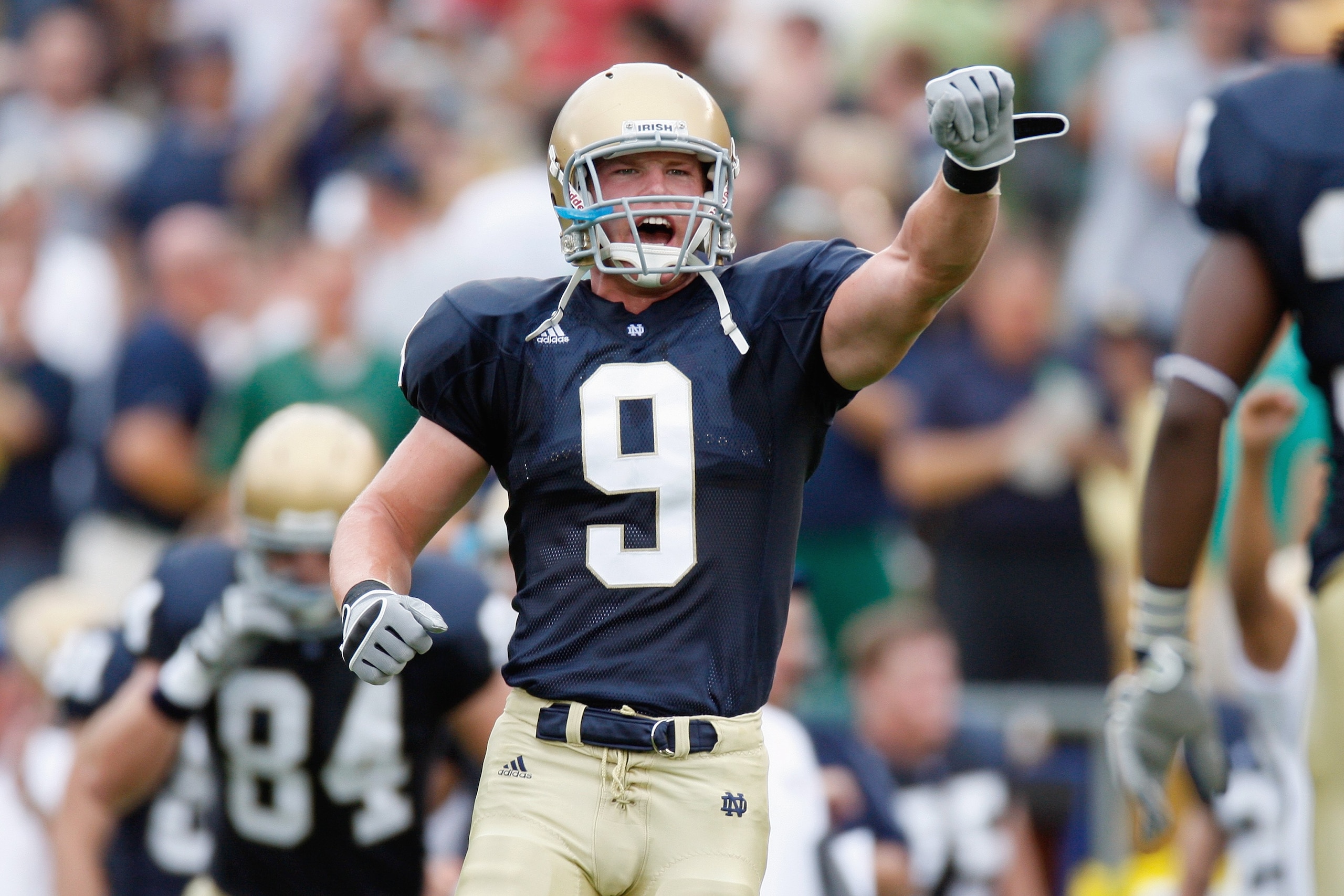SOUTH BEND,IN - SEPTEMBER 13:  Ethan Johnson #9 of the Notre Dame Fighting Irish yells during the game against the Michigan Wolverines on September 13, 2008 at Notre Dame Stadium in South Bend, Indiana. (Photo by: Gregory Shamus/Getty Images)