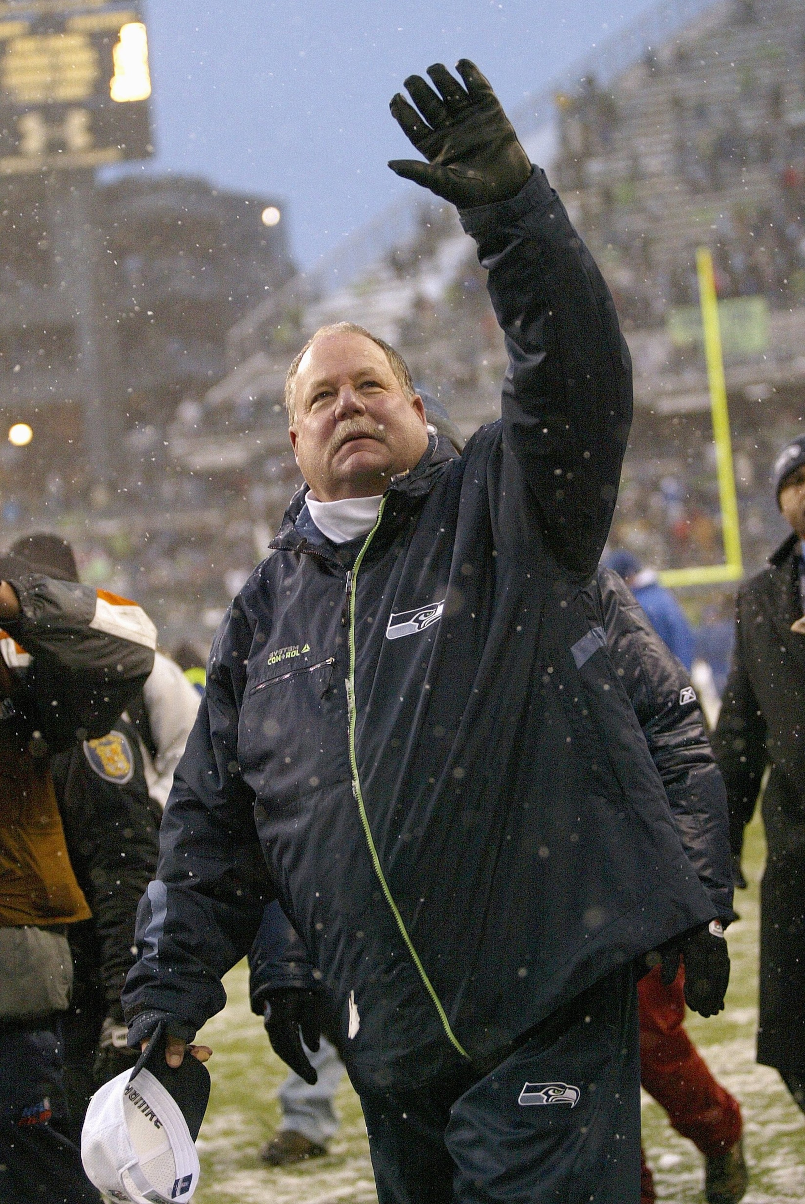 SEATTLE - DECEMBER 21: Head coach Mike Holmgrem of the Seattle Seahawks waves to fans after his final home game as head coach against the New York Jets on December 21, 2008 at Qwest Field in Seattle, Washington. The Seahawks defeated the Jets 13-3. (Photo