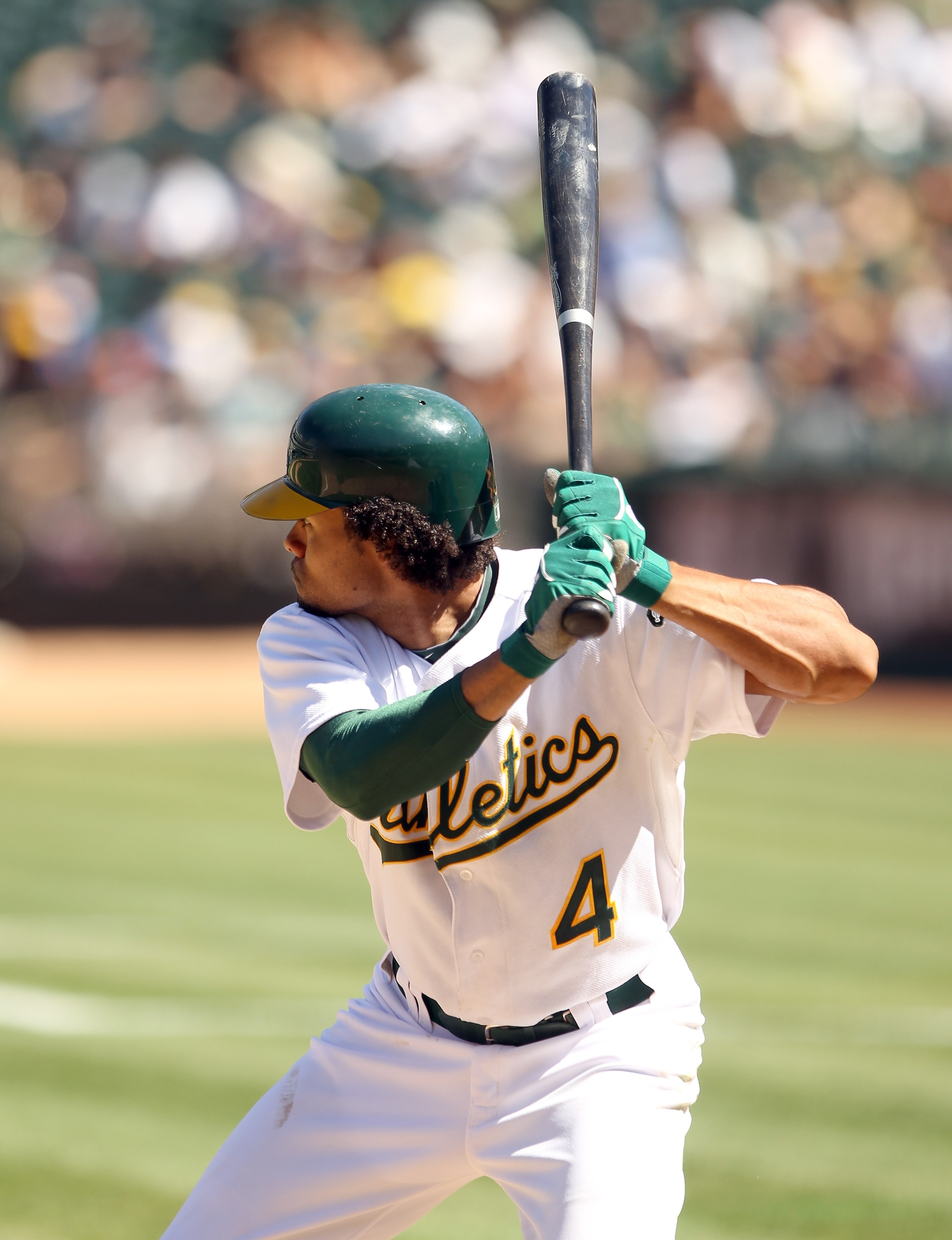 OAKLAND, CA - SEPTEMBER 06:  Coco Crisp #4 of the Oakland Athletics bats against the Seattle Mariners at the Oakland-Alameda County Coliseum on September 6, 2010 in Oakland, California.  (Photo by Ezra Shaw/Getty Images)