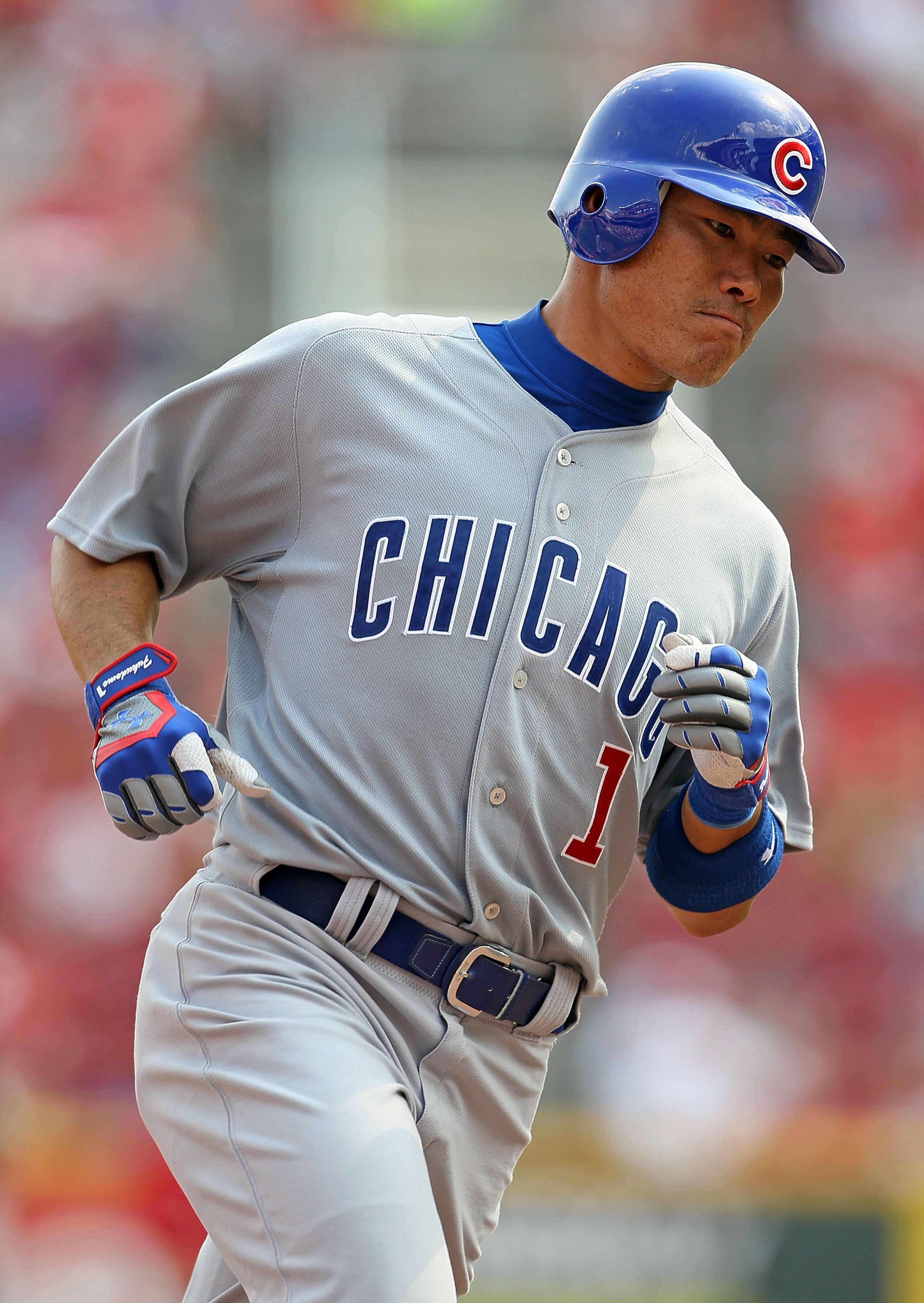 CINCINNATI - AUGUST 29:  Kosuke Fukudome #1 of the Chicago Cubs runs the bases after hitting a home run during the game against the Cincinnati Reds at Great American Ball Park on August 29, 2010 in Cincinnati, Ohio.  (Photo by Andy Lyons/Getty Images)