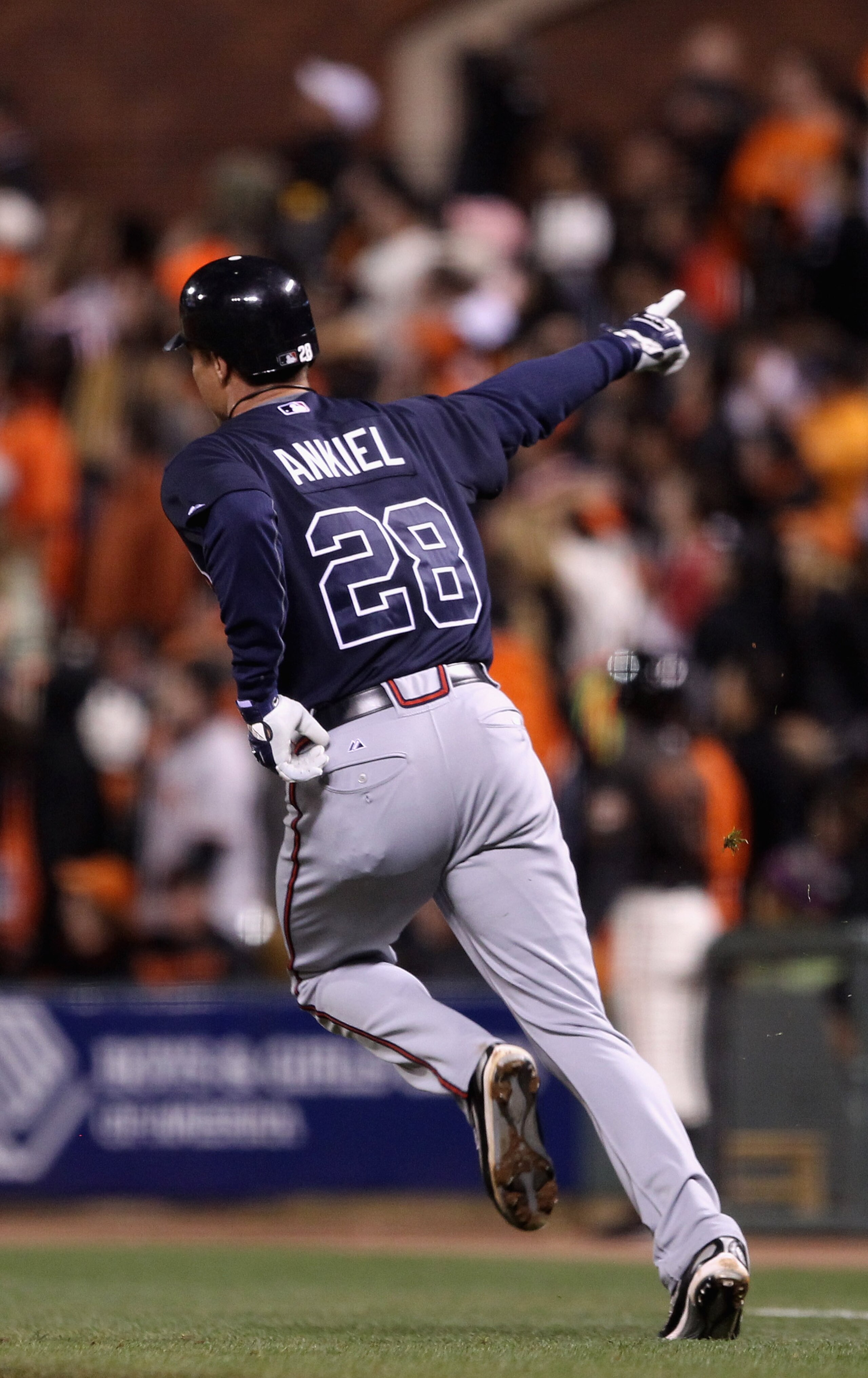 SAN FRANCISCO - OCTOBER 08: Rick Ankiel #28 of the Atlanta Braves runs up the first base line after he hit a home run in the 11th inning of their game against the San Francisco Giants in game 2 of the NLDS at AT&T Park on October 8, 2010 in San Francisco SAN FRANCISCO - OCTOBER 08: Rick Ankiel #28 of the Atlanta Braves runs up the first base line after he hit a home run in the 11th inning of their game against the San Francisco Giants in game 2 of the NLDS at AT&T Park on October 8, 2010 in San Francisco