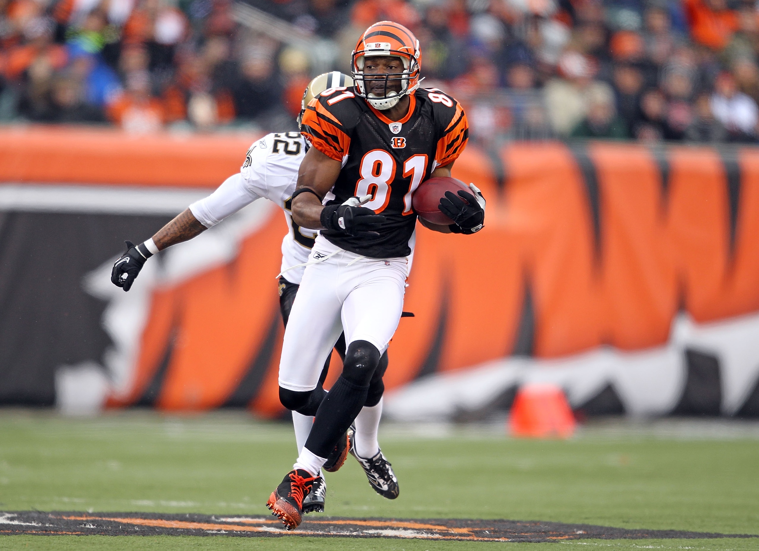 CINCINNATI, OH - DECEMBER 05: Terrell Owens #81 of the Cincinnati Bengals runs with the ball during the NFL game against the New Orleans Saints at Paul Brown Stadium on December 5, 2010 in Cincinnati, Ohio.  The Saints won 34-30.  (Photo by Andy Lyons/Get