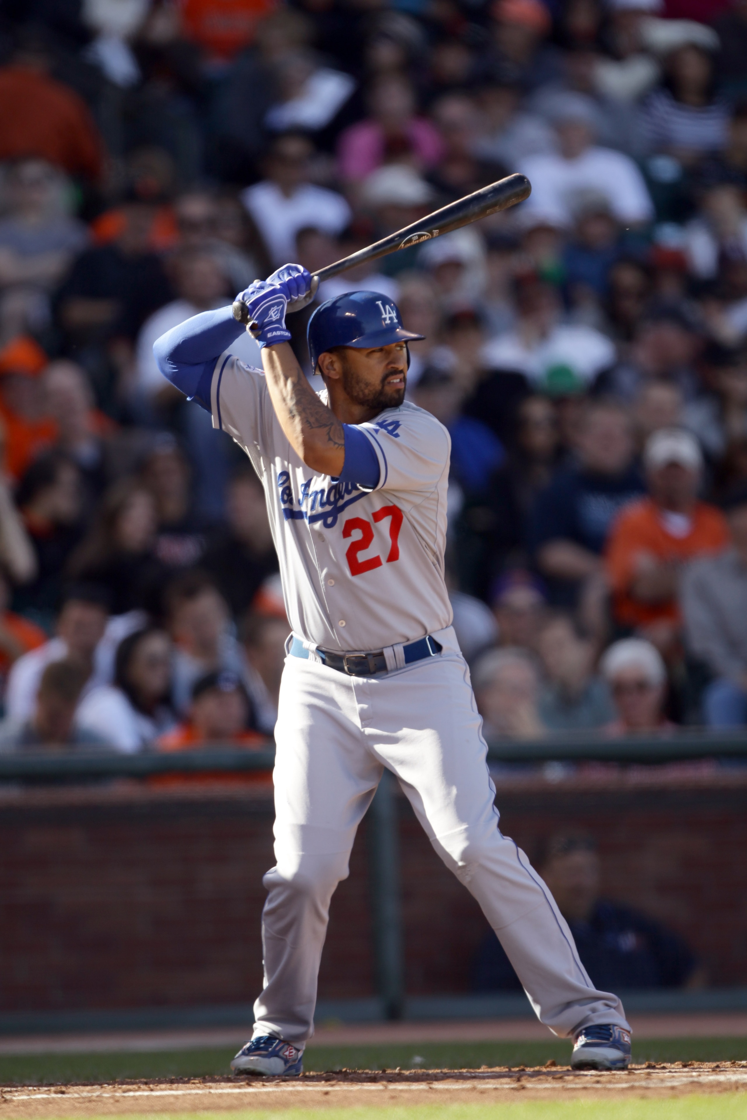SAN FRANCISCO - AUGUST 01:  Matt Kemp #27 of the Los Angeles Dodgers bats against the San Francisco Giants at AT&T Park on August 1, 2010 in San Francisco, California.  (Photo by Ezra Shaw/Getty Images)