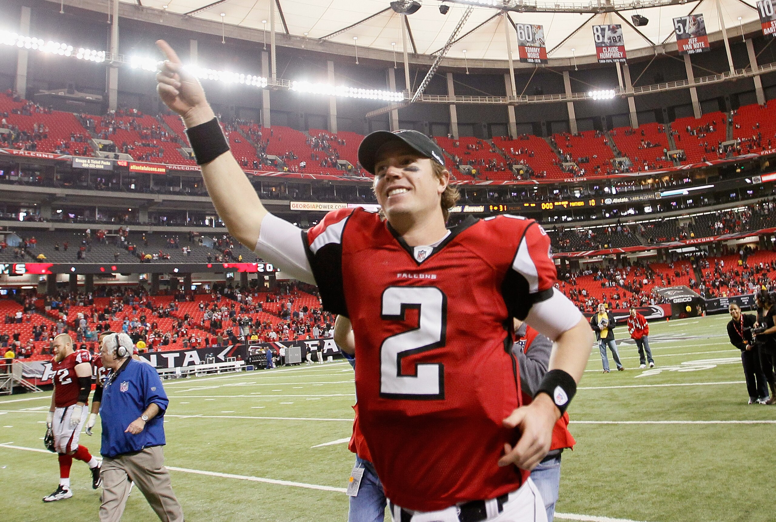 ATLANTA, GA - JANUARY 02: Matt Ryan #2 of the Atlanta Falcons celebrates their 31-10 win over the Carolina Panthers at Georgia Dome on January 2, 2011 in Atlanta, Georgia. (Photo by Kevin C. Cox/Getty Images) ATLANTA, GA - JANUARY 02: Matt Ryan #2 of the Atlanta Falcons celebrates their 31-10 win over the Carolina Panthers at Georgia Dome on January 2, 2011 in Atlanta, Georgia. (Photo by Kevin C. Cox/Getty Images)