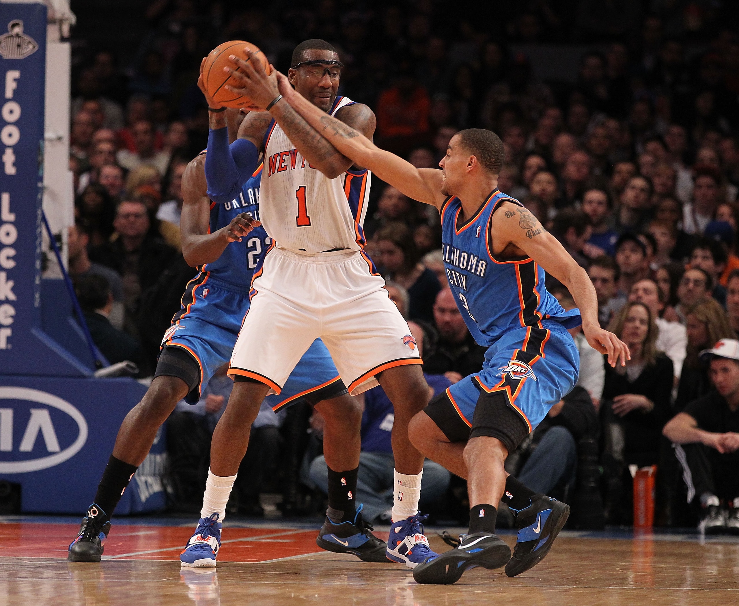 NEW YORK - DECEMBER 22:  Amar'e Stoudemire #1 of the New York Knicks in action against  the Oklahoma City Thunder at Madison Square Garden on December 22, 2010 in New York, New York.   NOTE TO USER: User expressly acknowledges and agrees that, by download