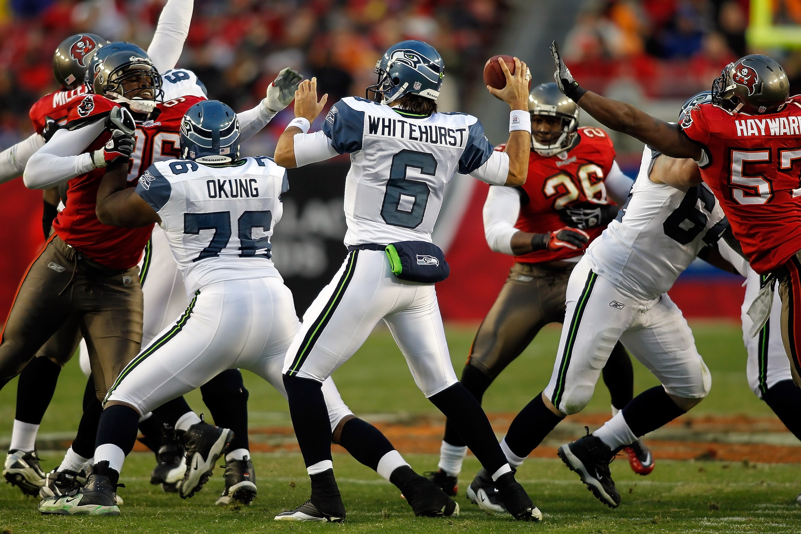 TAMPA, FL - DECEMBER 26: Quarterback Charlie Whitehurst #6 of the Seattle Seahawks throws a pass against the Tampa Bay Buccaneers during the game at Raymond James Stadium on December 26, 2010 in Tampa, Florida. (Photo by J. Meric/Getty Images)