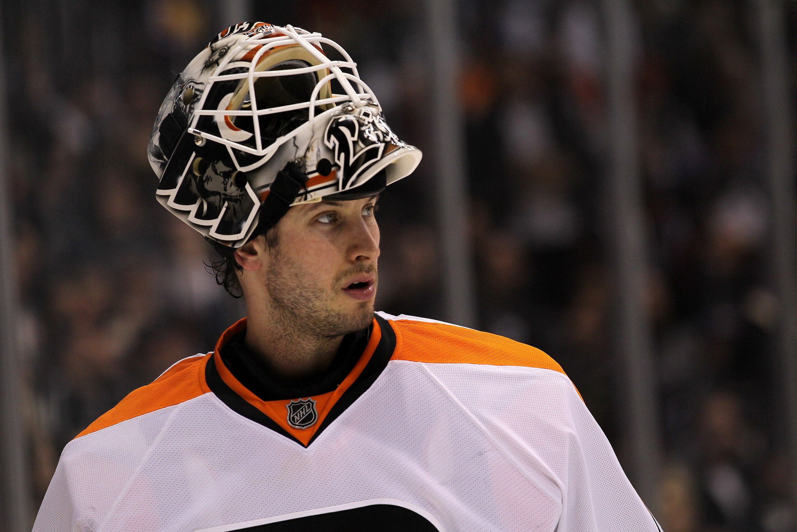 LOS ANGELES, CA - DECEMBER 30:  Goaltender Michael Leighton #49 of the Philadelphia Flyers looks on during a breeak in the game with the Los Angeles Kings at Staples Center on December 30, 2010 in Los Angeles, California.  (Photo by Stephen Dunn/Getty Ima