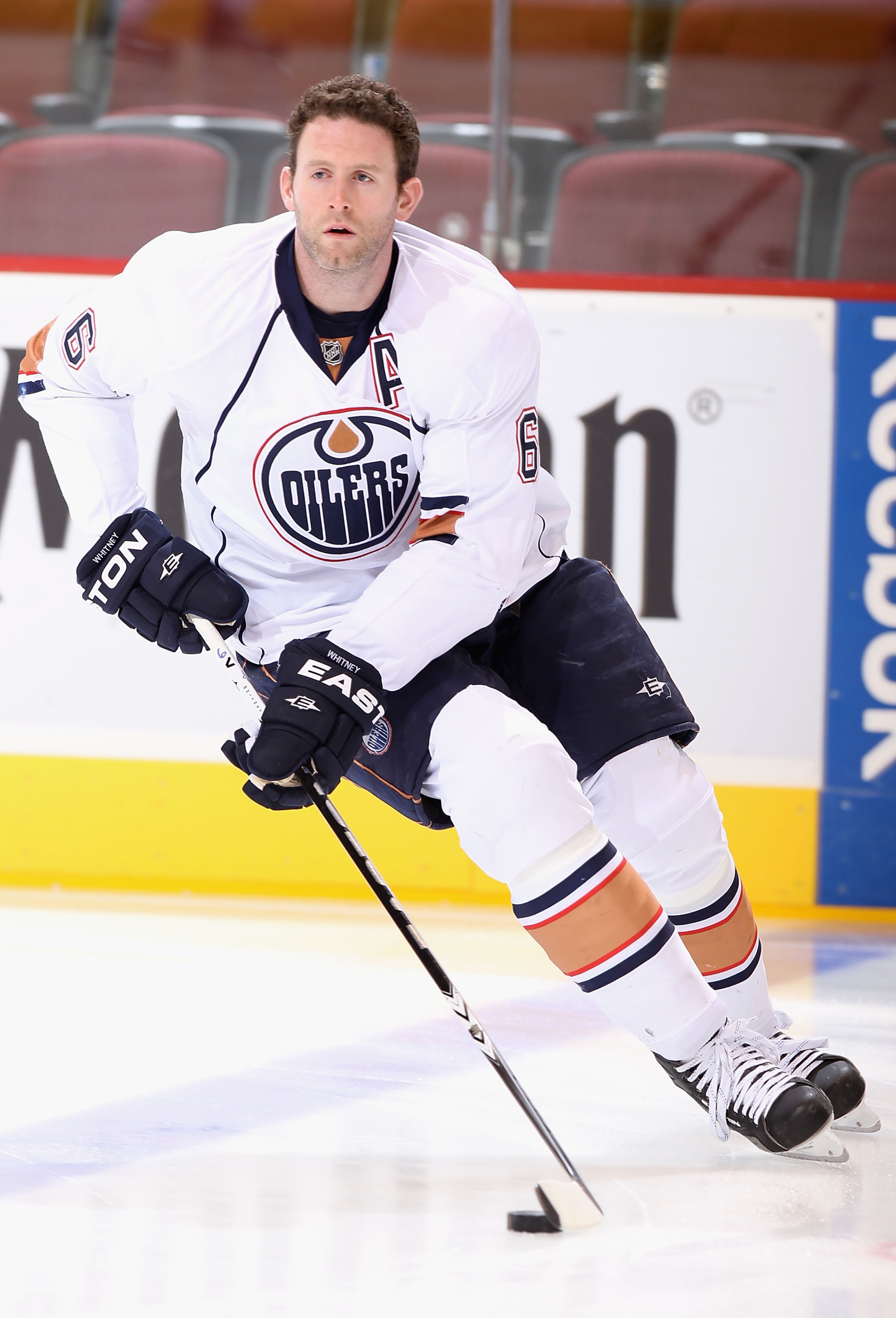 GLENDALE, AZ - NOVEMBER 23:  Ryan Whitney #6 of the Edmonton Oilers warms up before the NHL game against the Phoenix Coyotes at Jobing.com Arena on November 23, 2010 in Glendale, Arizona.  The Coyotes defeated the Oilers 5-0.  (Photo by Christian Petersen