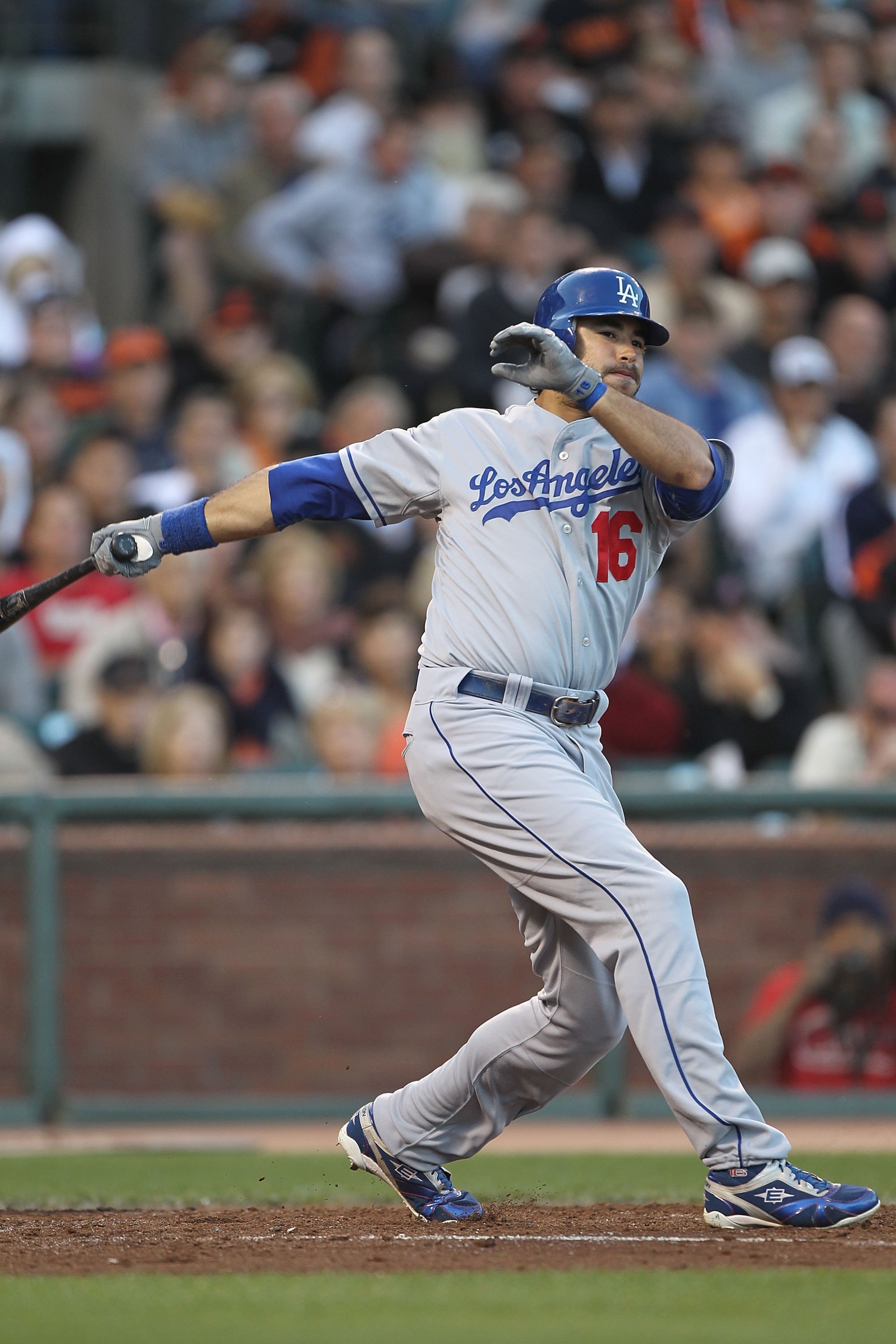 SAN FRANCISCO - JUNE 28:  Andre Ethier #16 of the Los Angeles Dodgers in action against the San Francisco Giants during an MLB game at AT&T Park on June 28, 2010 in San Francisco, California.  (Photo by Jed Jacobsohn/Getty Images)