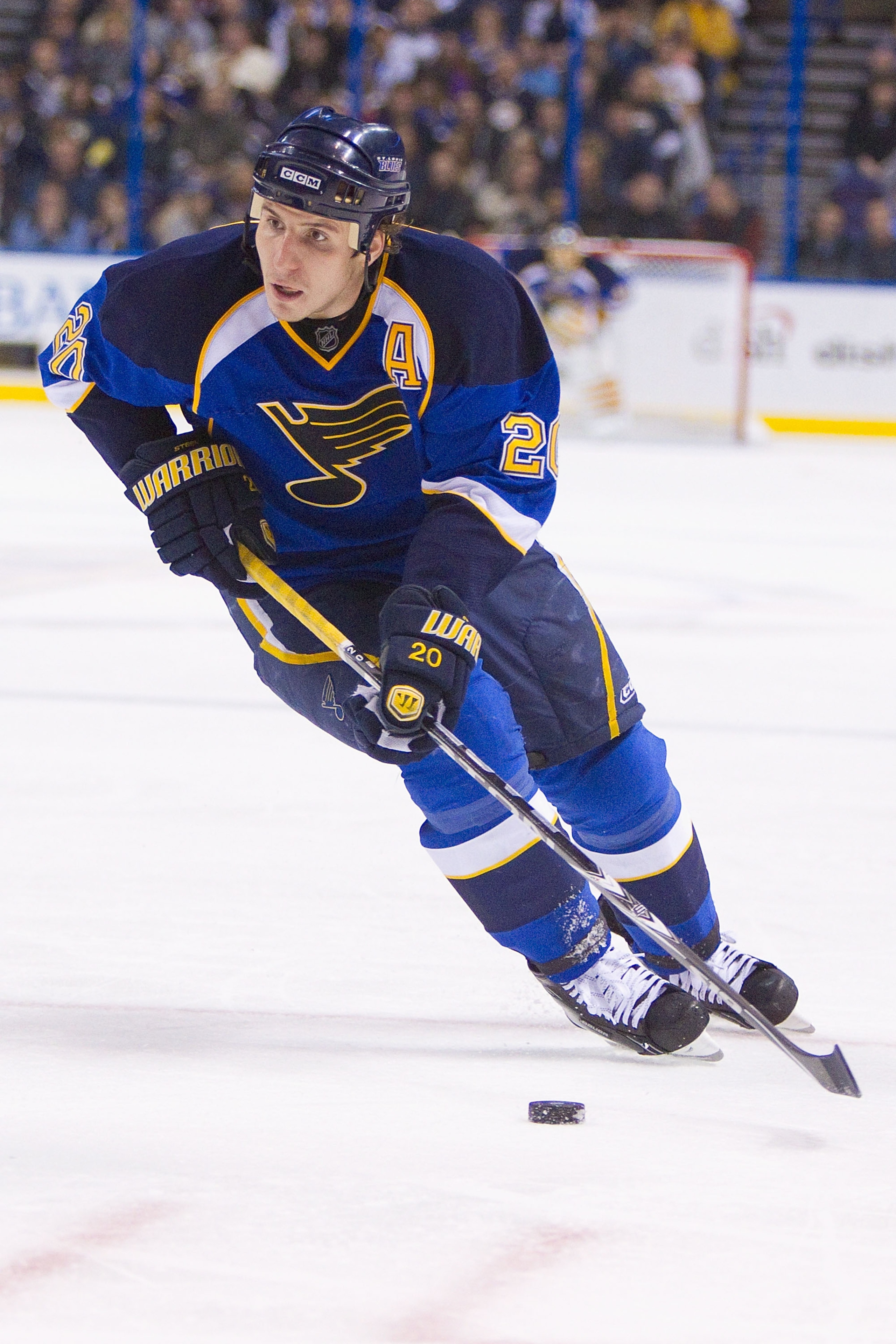 ST. LOUIS, MO - DECEMBER 20: Alexander Steen #20 of the St. Louis Blues moves the puck up ice at the Scottrade Center on December 20, 2010 in St. Louis, Missouri.  The Canucks beat the Blues 3-1.  (Photo by Dilip Vishwanat/Getty Images)