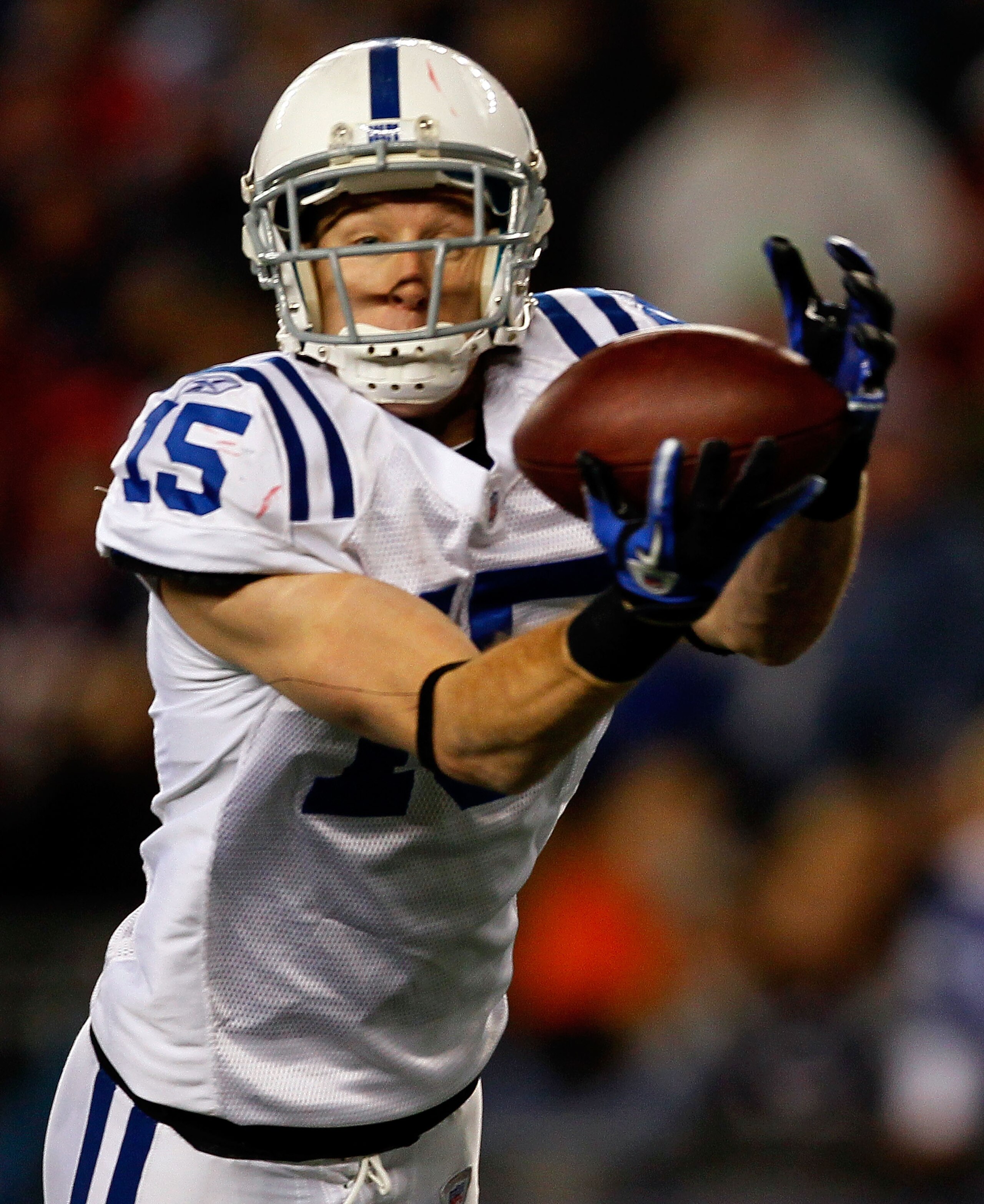 FOXBORO, MA - NOVEMBER 21: Blair White #15 of the Indianapolis Colts catches a touchdown pass against the New England Patriots in the second half at Gillette Stadium on November 21, 2010 in Foxboro, Massachusetts. (Photo by Jim Rogash/Getty Images) FOXBORO, MA - NOVEMBER 21: Blair White #15 of the Indianapolis Colts catches a touchdown pass against the New England Patriots in the second half at Gillette Stadium on November 21, 2010 in Foxboro, Massachusetts. (Photo by Jim Rogash/Getty Images)