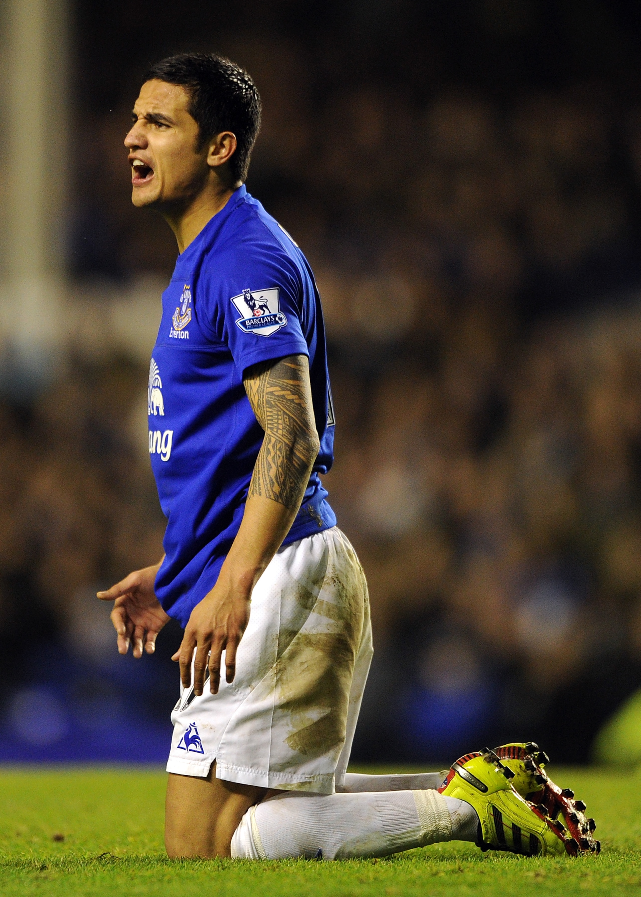 LIVERPOOL, ENGLAND - DECEMBER 11: Tim Cahill of Everton reacts during the Barclays Premier League match between Everton and Wigan Athletic at Goodison Park on December 11, 2010 in Liverpool, England. (Photo by Chris Brunskill/Getty Images) LIVERPOOL, ENGLAND - DECEMBER 11: Tim Cahill of Everton reacts during the Barclays Premier League match between Everton and Wigan Athletic at Goodison Park on December 11, 2010 in Liverpool, England. (Photo by Chris Brunskill/Getty Images)