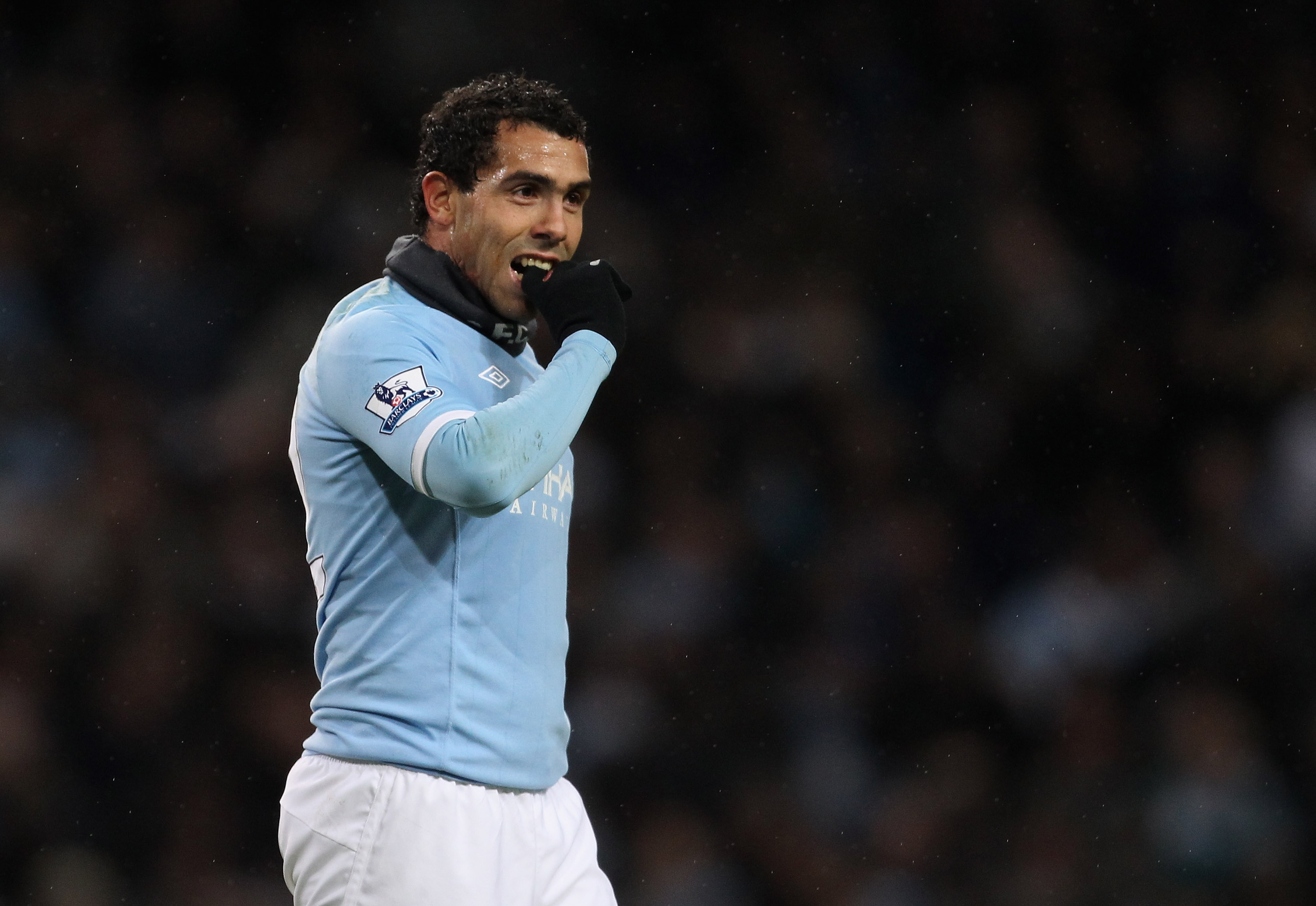 MANCHESTER, ENGLAND - JANUARY 01:  Carlos Tevez of Manchester City looks on after missing a goalscoring chance during the Barclays Premier League match between Manchester City and Blackpool at the City of Manchester Stadium on January 1, 2011 in Mancheste