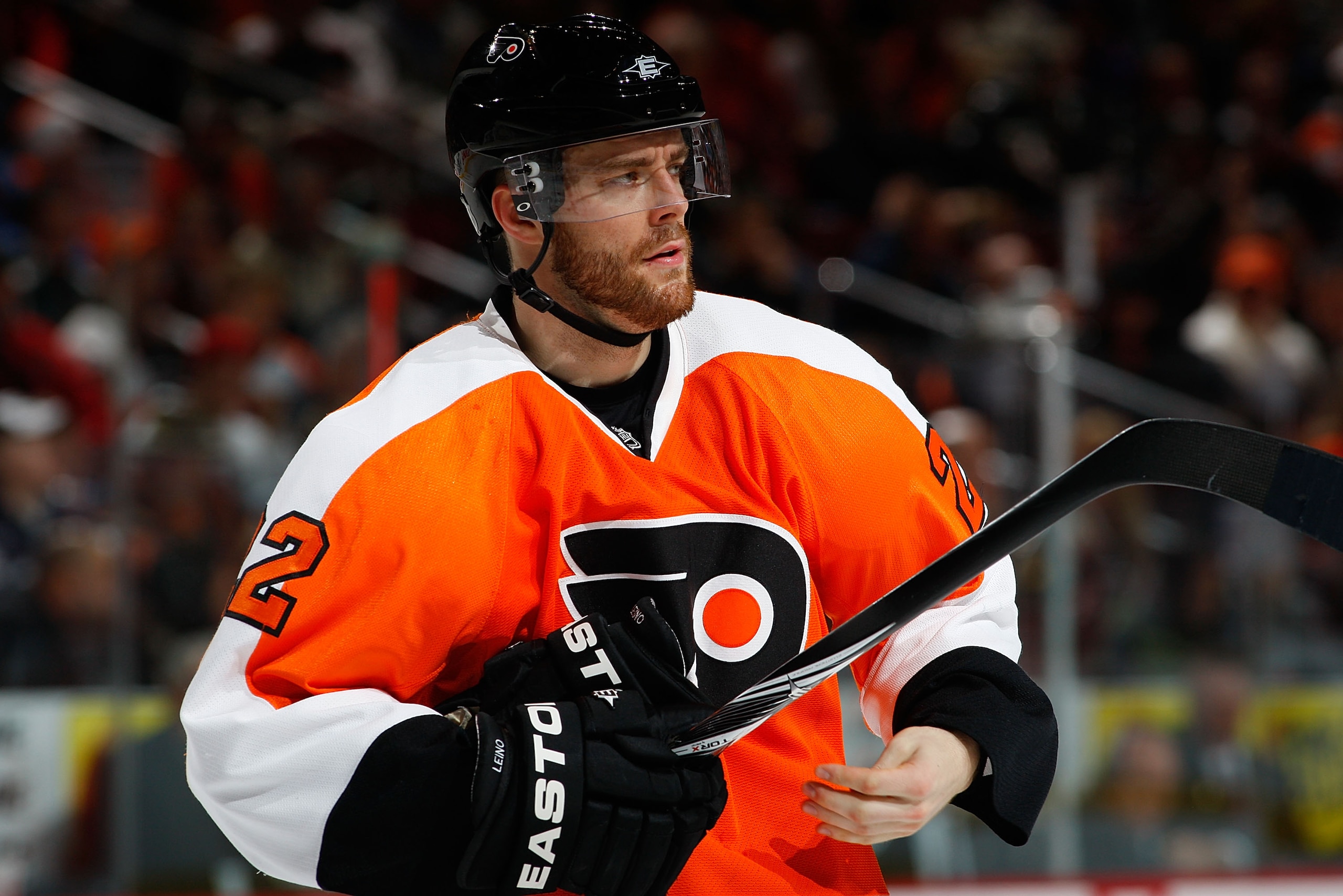 PHILADELPHIA - DECEMBER 08:  Ville Leino #22 of the Philadelphia Flyers skates against San Jose Sharks on December 8, 2010 at the Wells Fargo Center in Philadelphia, Pennsylvania. Sharks defeat the Flyers 5-4 in a shootout.  (Photo by Mike Stobe/Getty Ima