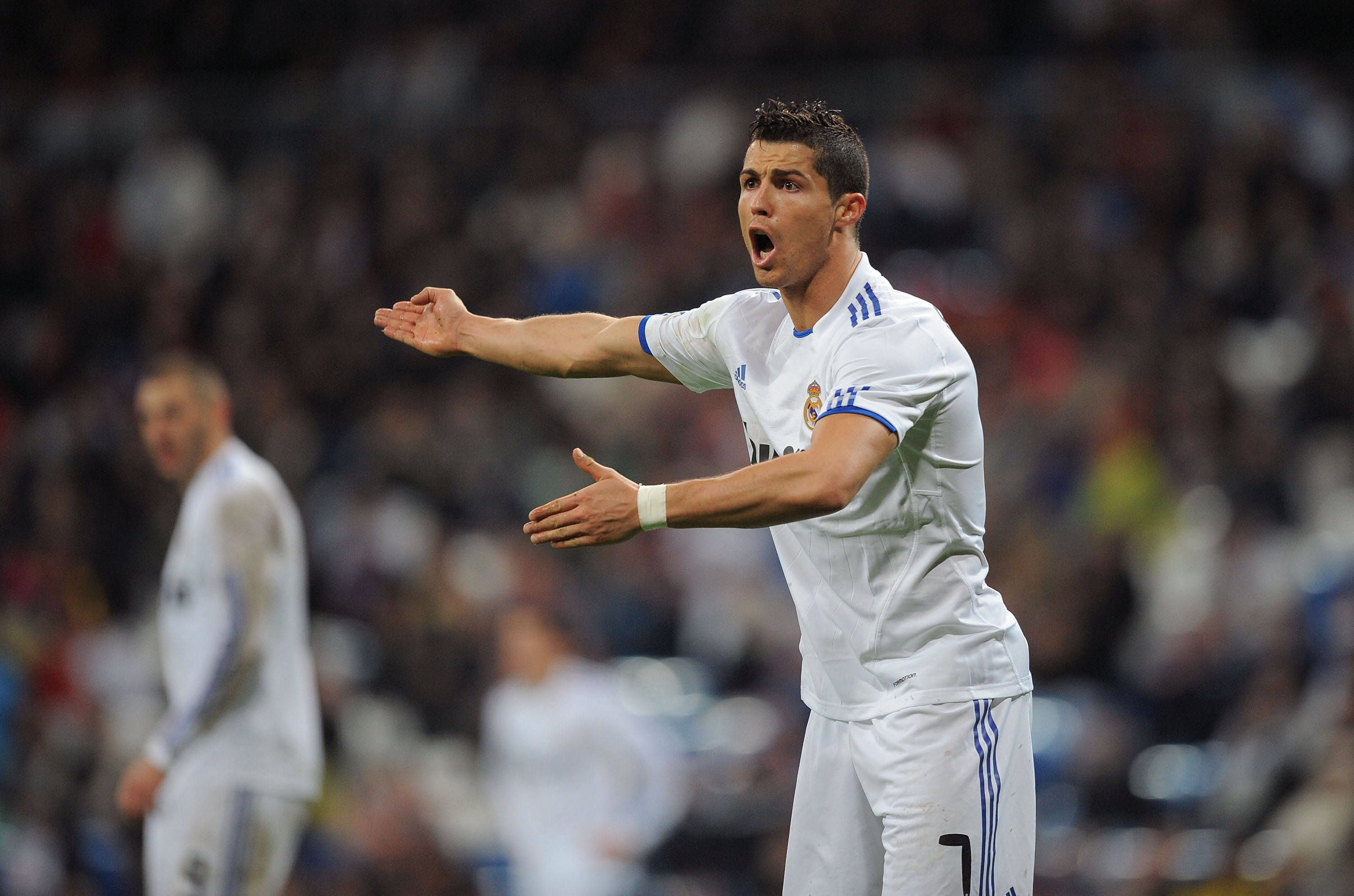 MADRID, SPAIN - DECEMBER 22:  Cristiano Ronaldo of Real Madrid reacts during the first leg round of 16 Copa del Rey match between Real Madrid and Levante at Estadio Santiago Bernabeu on December 22, 2010 in Madrid, Spain.  (Photo by Denis Doyle/Getty Imag
