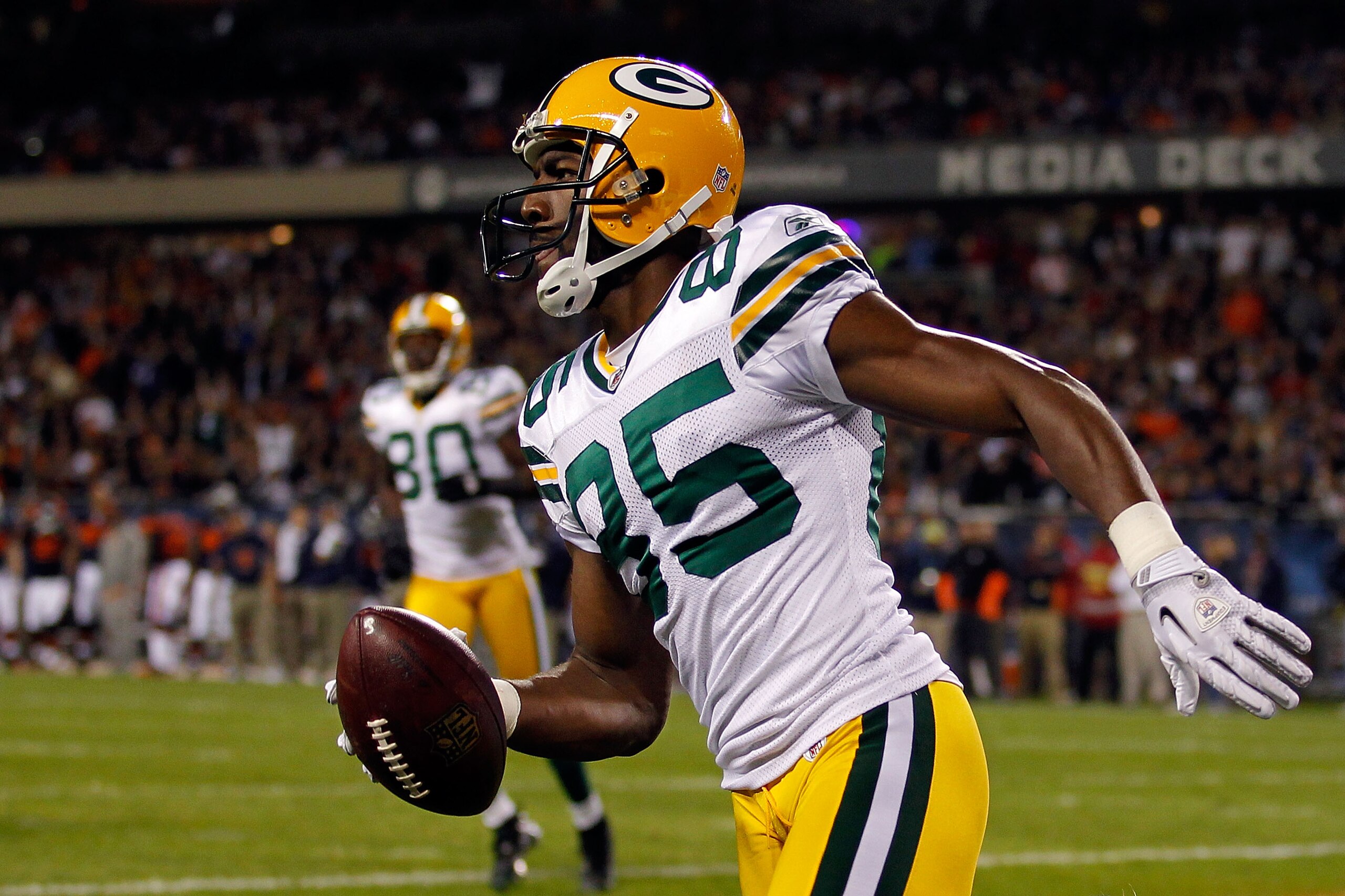 CHICAGO - SEPTEMBER 27: Greg Jennings #85 of the Green Bay Packers reacts after he scored a 7-yard touchdown reception in the first quarter against the Chicago Bears at Soldier Field on September 27, 2010 in Chicago, Illinois. (Photo by Jonathan Daniel/ CHICAGO - SEPTEMBER 27: Greg Jennings #85 of the Green Bay Packers reacts after he scored a 7-yard touchdown reception in the first quarter against the Chicago Bears at Soldier Field on September 27, 2010 in Chicago, Illinois. (Photo by Jonathan Daniel/