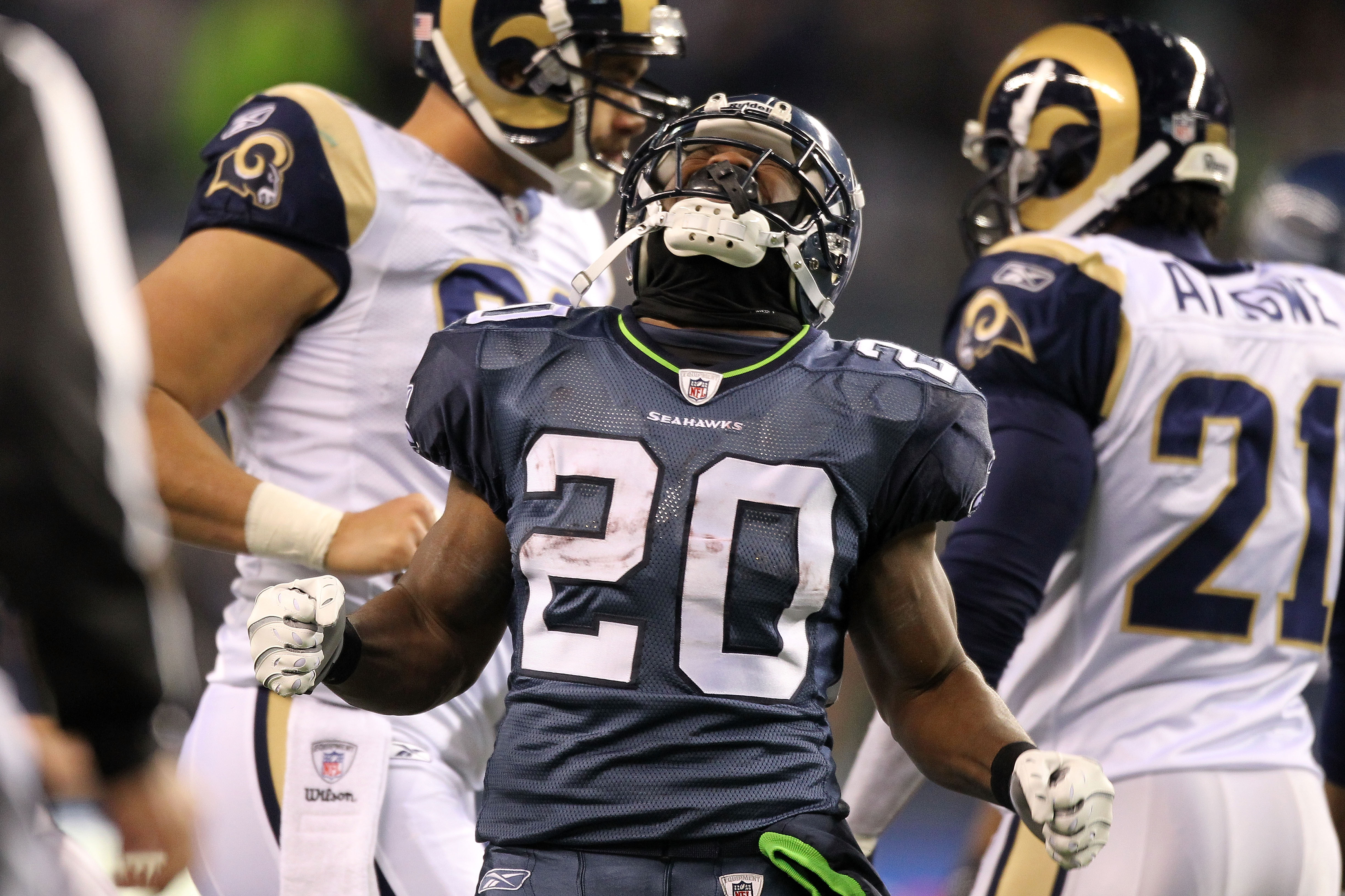 SEATTLE, WA - JANUARY 02: Running back Justin Forsett #20 of the Seattle Seahawks celebrates after a run against the St. Louis Rams during their game at Qwest Field on January 2, 2011 in Seattle, Washington. (Photo by Otto Greule Jr/Getty Images)
