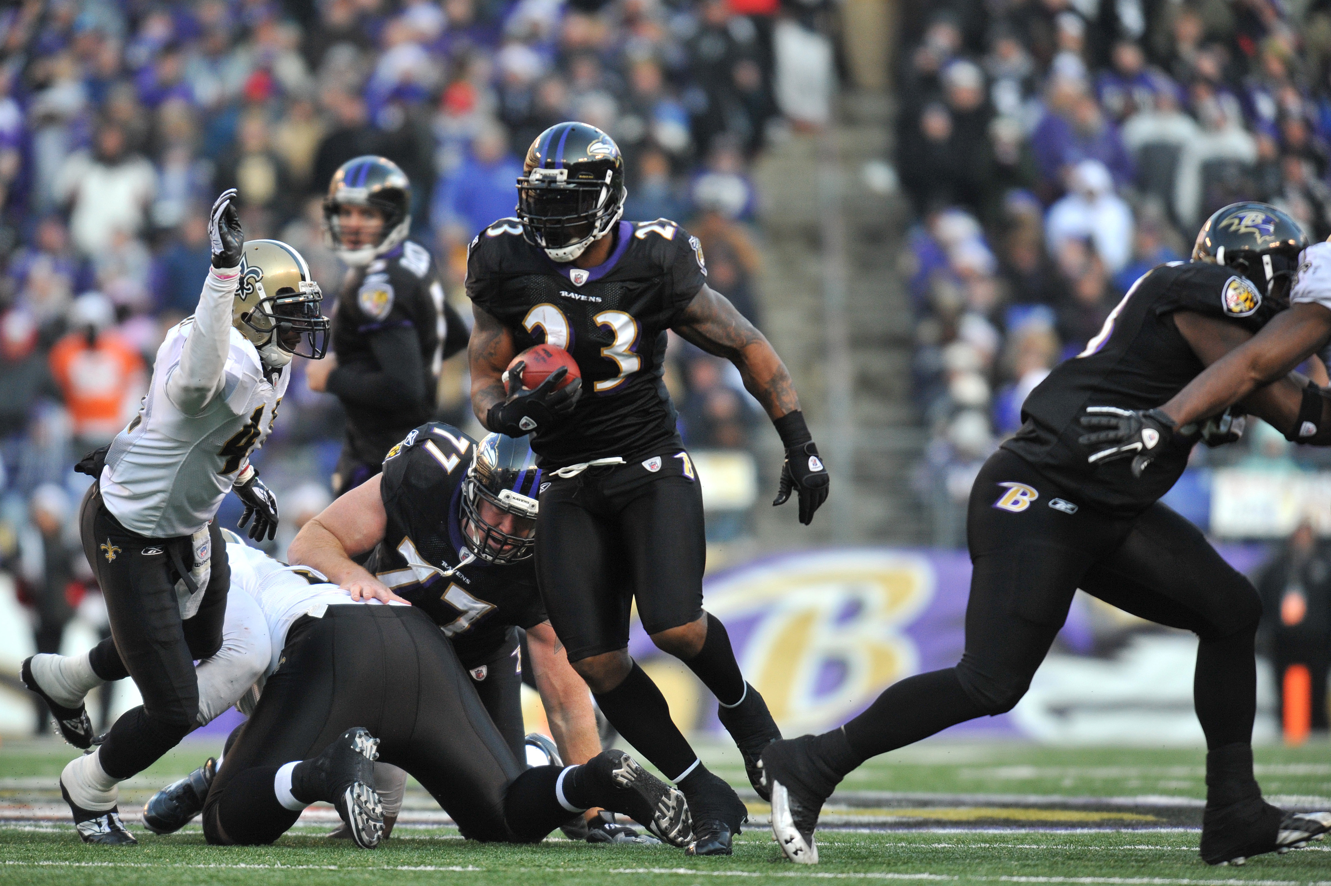 BALTIMORE, MD - DECEMBER 19: Willis McGahee #23 of the Baltimore Ravens runs the ball during the game against the New Orleans Saints at M&T Bank Stadium on December 19, 2010 in Baltimore, Maryland. The Ravens defeated the Saints 30-24. (Photo by Larry F