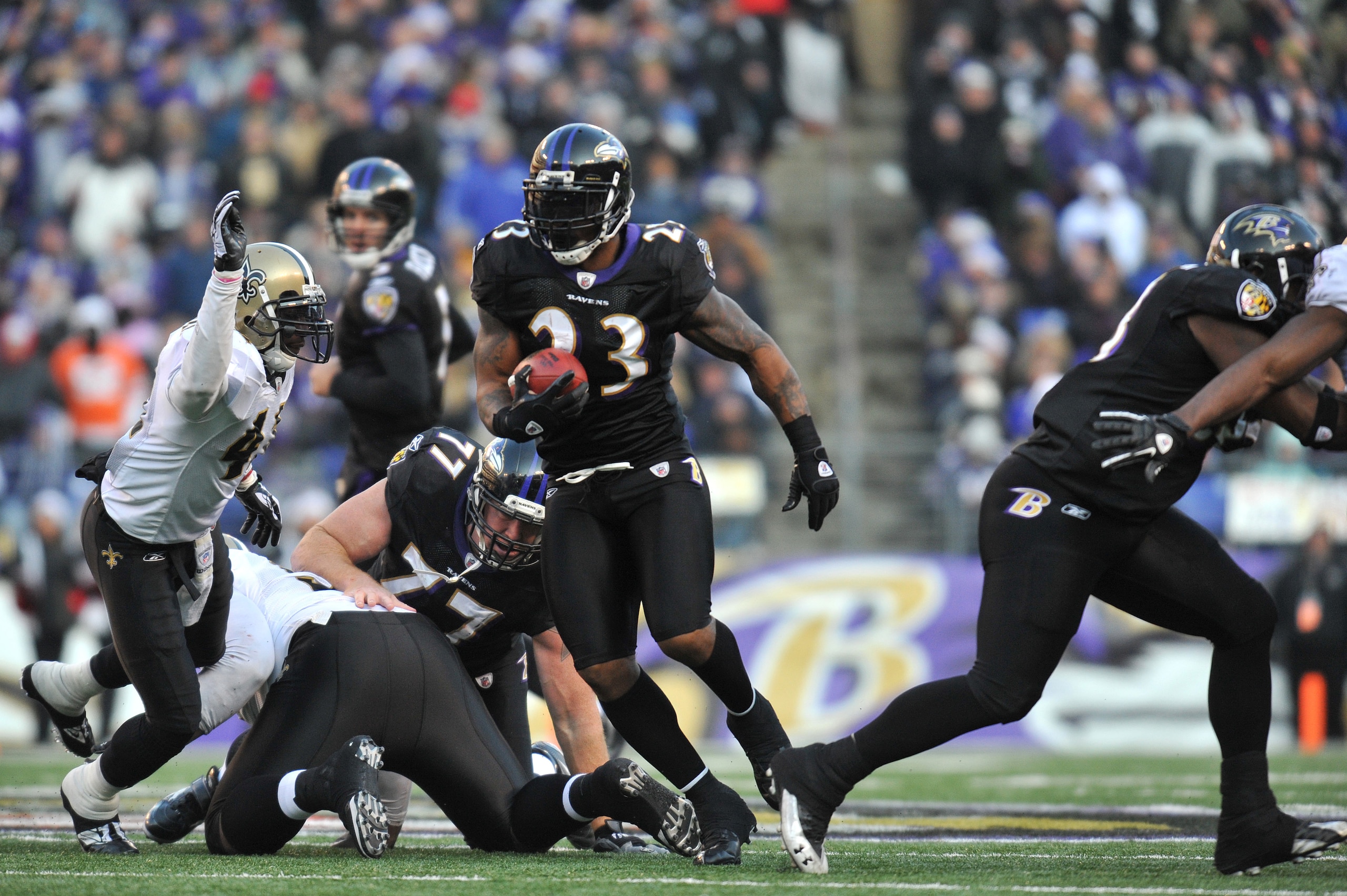 BALTIMORE, MD - DECEMBER 19:  Willis McGahee #23 of the Baltimore Ravens runs the ball during the game against the New Orleans Saints  at M&T Bank Stadium on December 19, 2010 in Baltimore, Maryland. The Ravens defeated the Saints 30-24. (Photo by Larry F