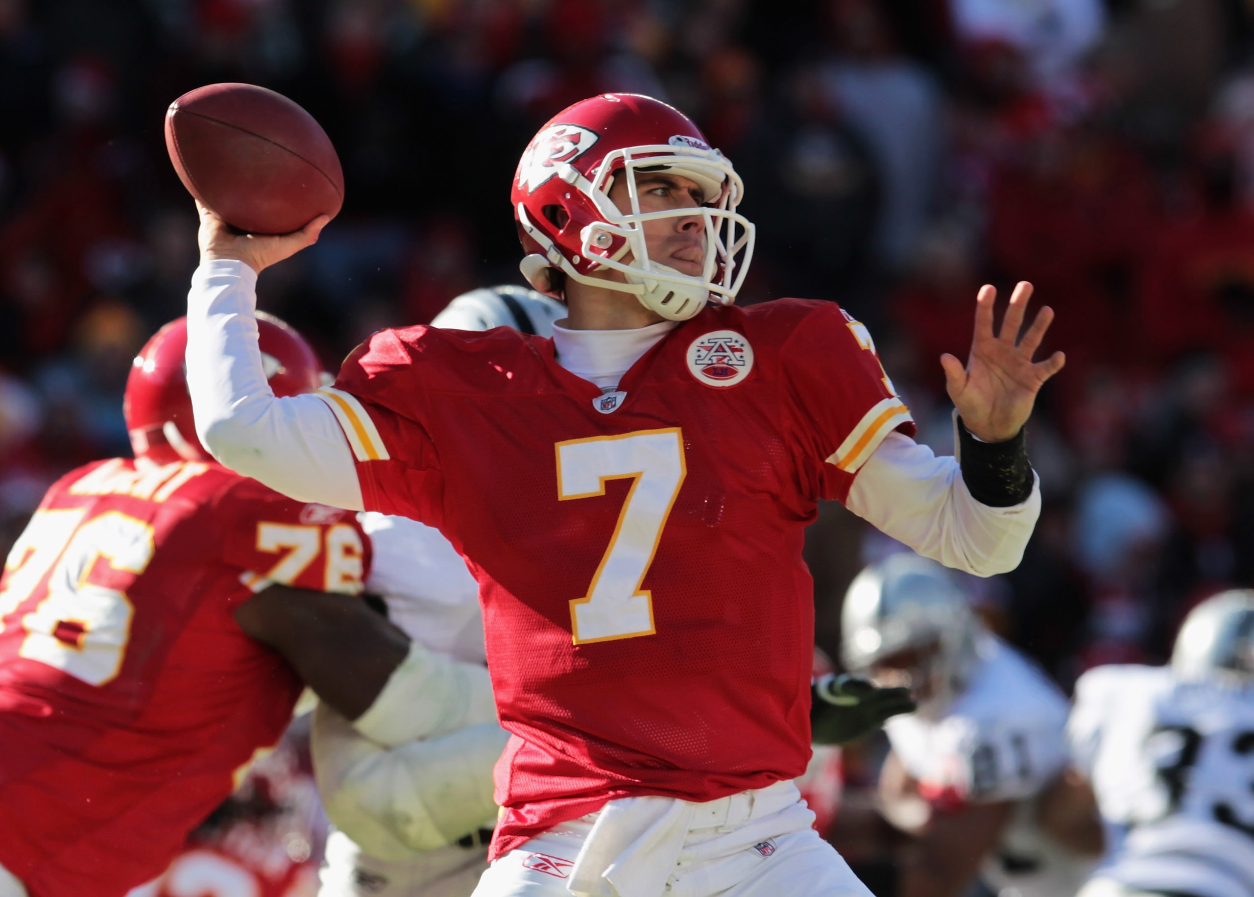 KANSAS CITY, MO - JANUARY 02: Quarterback Matt Cassel #7 of the Kansas City Chiefs passes during the game against the Oakland Raiders on January 2, 2011 at Arrowhead Stadium in Kansas City, Missouri. (Photo by Jamie Squire/Getty Images) KANSAS CITY, MO - JANUARY 02: Quarterback Matt Cassel #7 of the Kansas City Chiefs passes during the game against the Oakland Raiders on January 2, 2011 at Arrowhead Stadium in Kansas City, Missouri. (Photo by Jamie Squire/Getty Images)