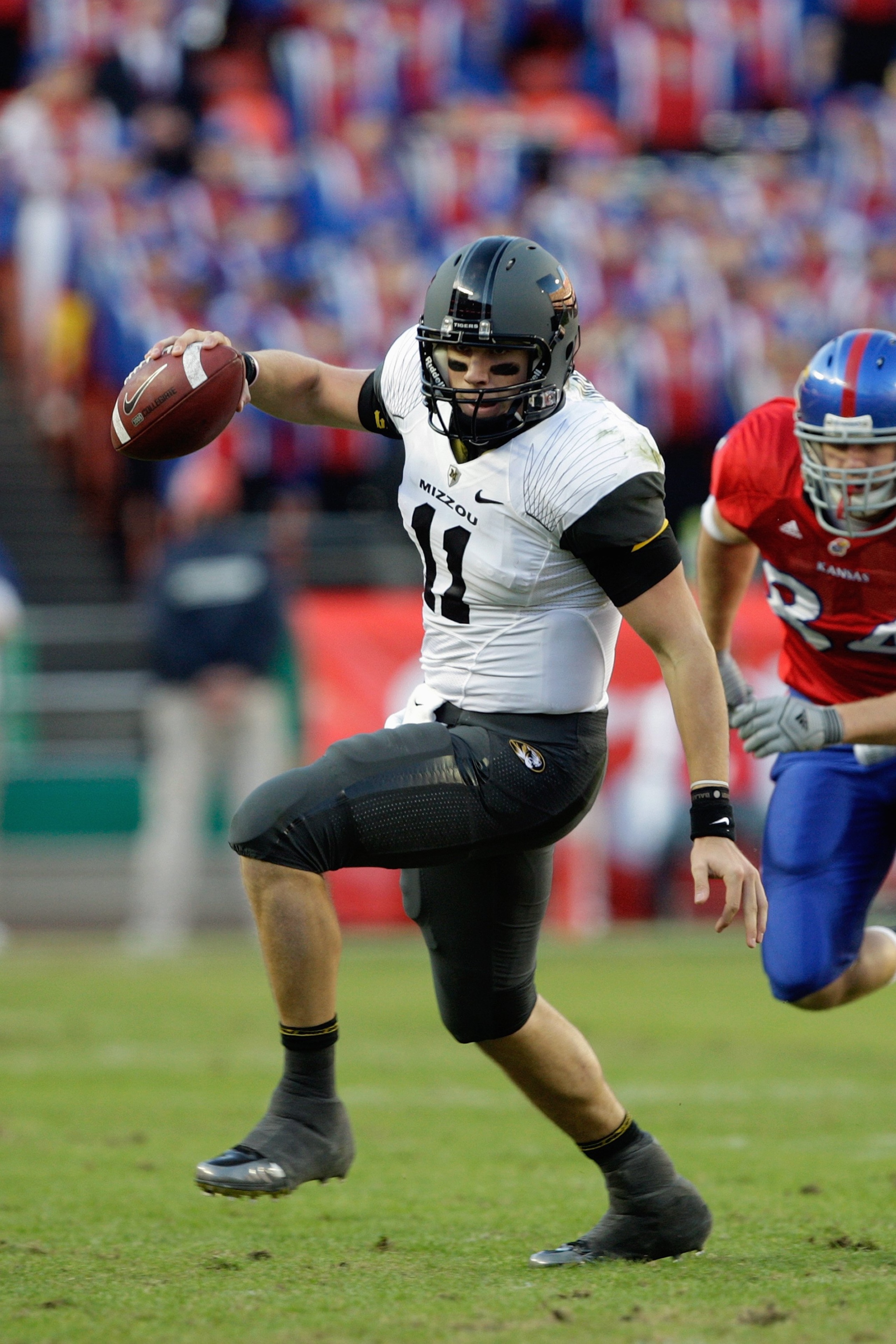 KANSAS CITY, MO - NOVEMBER 28: Blaine Gabbert #11 of the Missouri Tigers scrambles during the game against the Kansas Jayhawks at Arrowhead Stadium on November 28, 2009 in Kansas City, Missouri. (Photo by Jamie Squire/Getty Images) KANSAS CITY, MO - NOVEMBER 28: Blaine Gabbert #11 of the Missouri Tigers scrambles during the game against the Kansas Jayhawks at Arrowhead Stadium on November 28, 2009 in Kansas City, Missouri. (Photo by Jamie Squire/Getty Images)