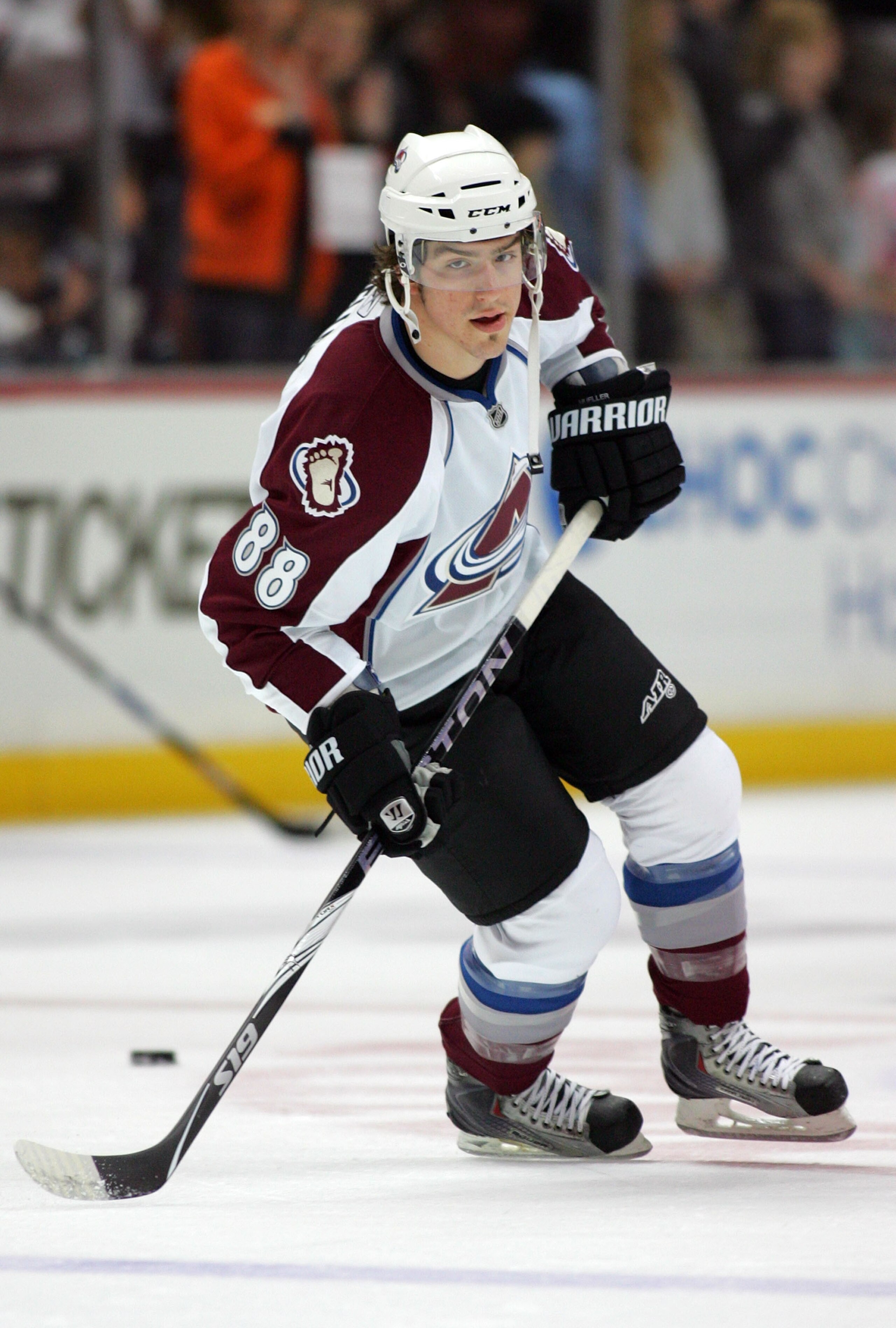 ANAHEIM, CA - MARCH 21:  Peter Mueller #88 of the Colorado Avalanche skates during warm-up prior to their NHL game against the Anaheim Ducks at the Honda Center on March 21, 2010 in Anaheim, California.  (Photo by Victor Decolongon/Getty Images)