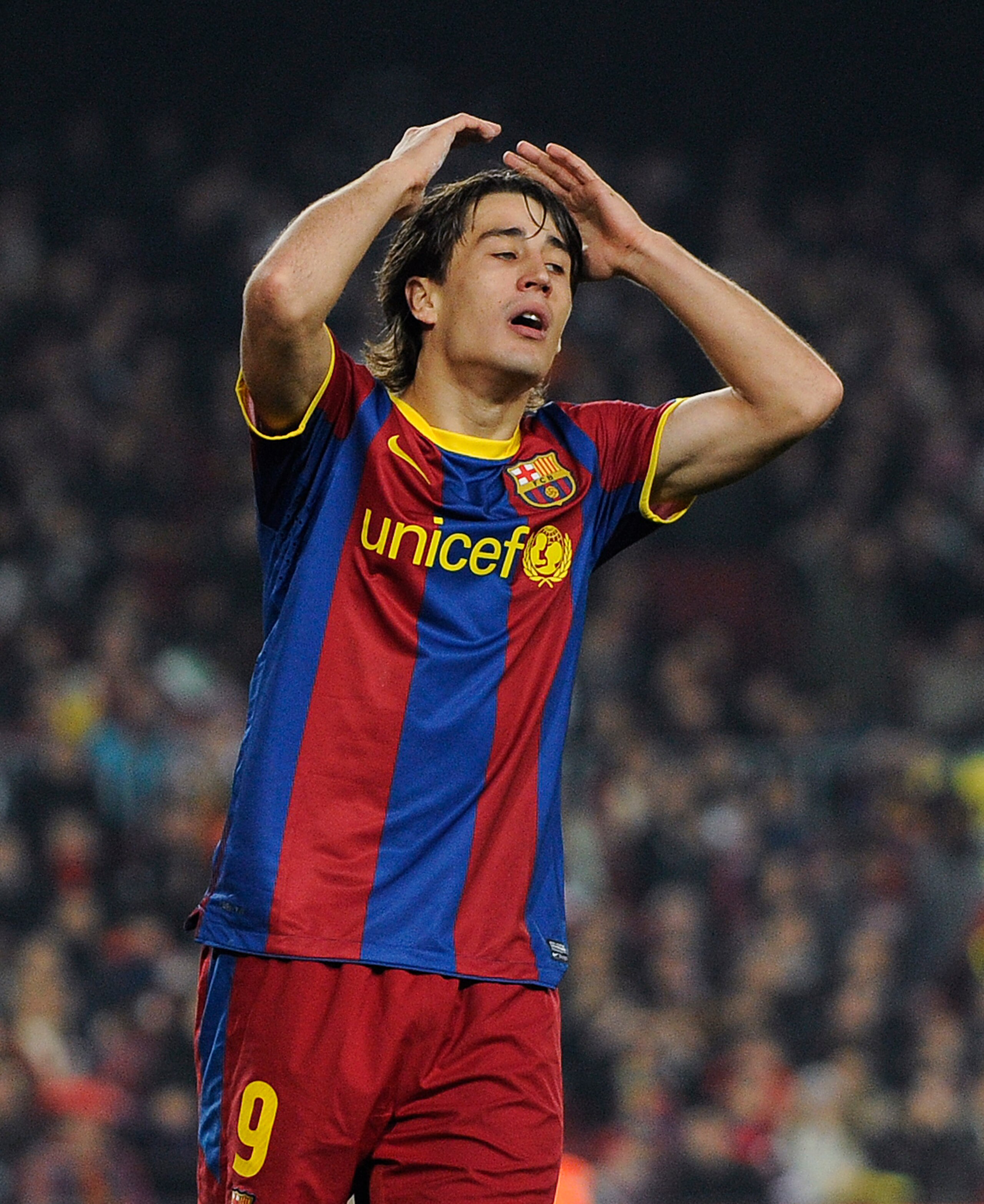 BARCELONA, SPAIN - DECEMBER 21:  Bojan Krkic of FC Barcelona reacts after missing a chance to score during the round of last 16 Copa del Rey match between FC Barcelona and Athletic Bilbao at Camp Nou on December 21, 2010 in Barcelona, Spain. The match end