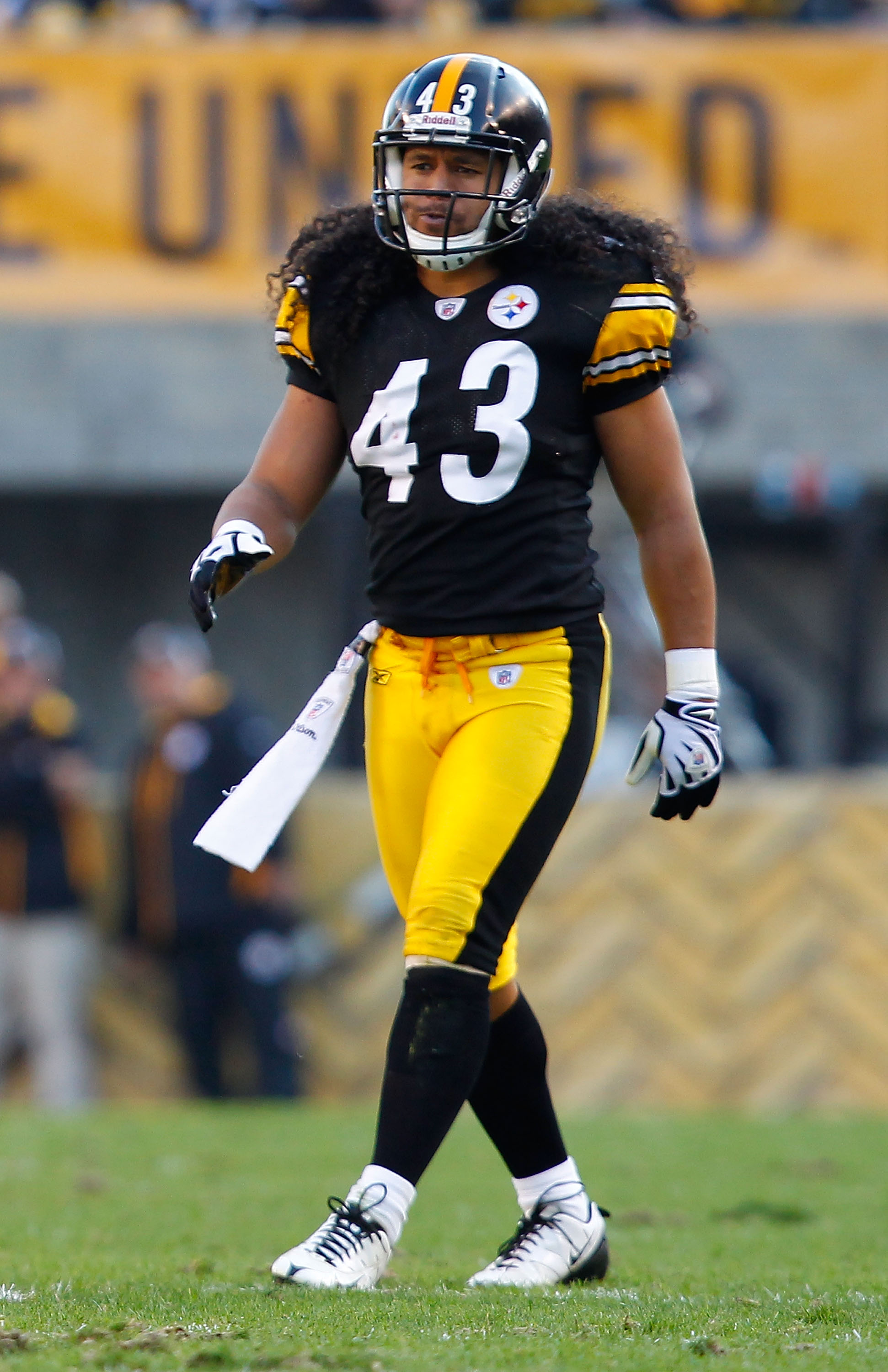 PITTSBURGH, PA - NOVEMBER 21:  Troy Polamalu #43 of the Pittsburgh Steelers lines up before the snap during the game against  the Oakland Raiders on November 21, 2010 at Heinz Field in Pittsburgh, Pennsylvania.  (Photo by Jared Wickerham/Getty Images)