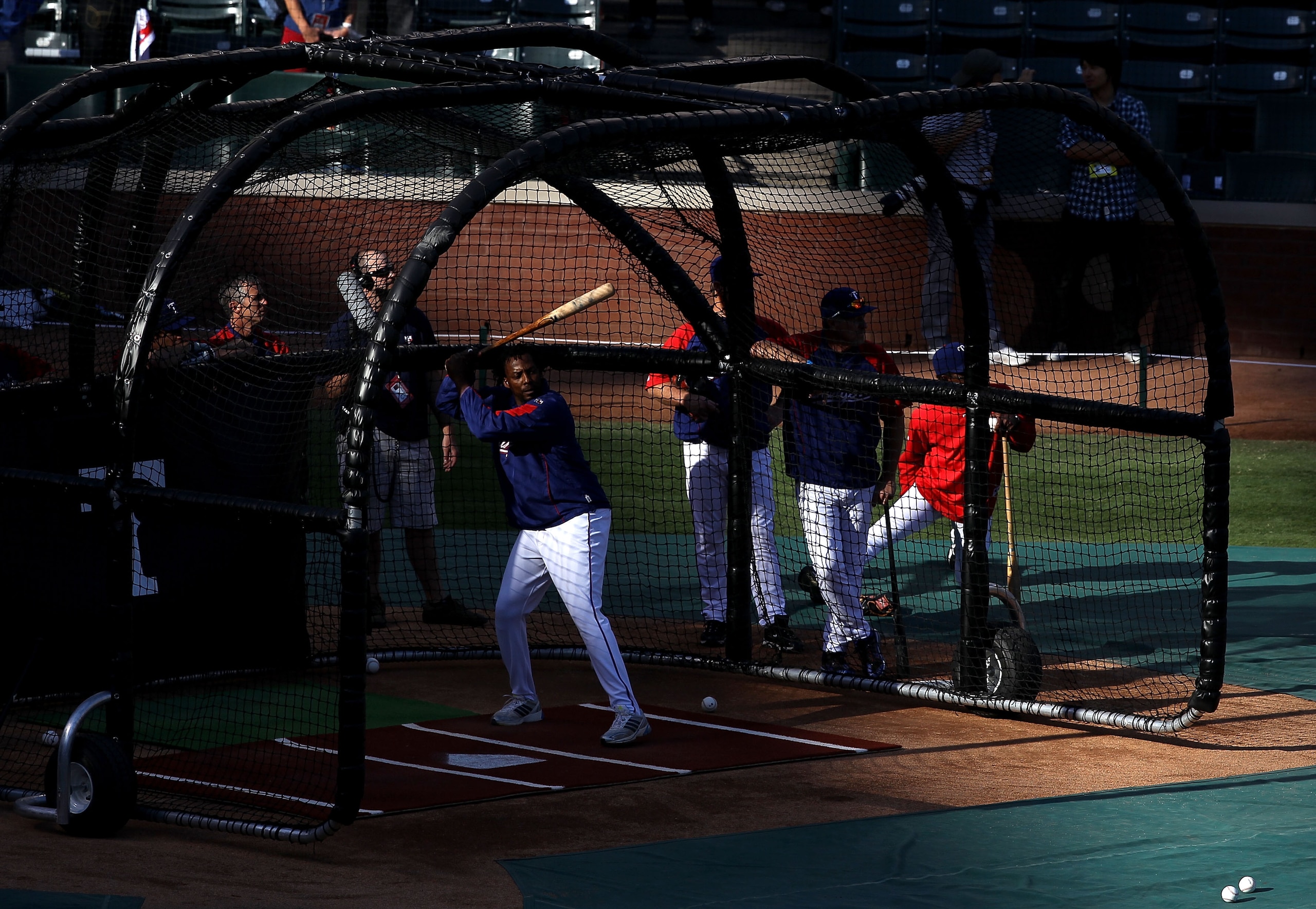 ARLINGTON, TX - NOVEMBER 01:  Vladimir Guerrero #27 of the Texas Rangers takes batting practice against of the San Francisco Giants in Game Five of the 2010 MLB World Series at Rangers Ballpark in Arlington on November 1, 2010 in Arlington, Texas.  (Photo