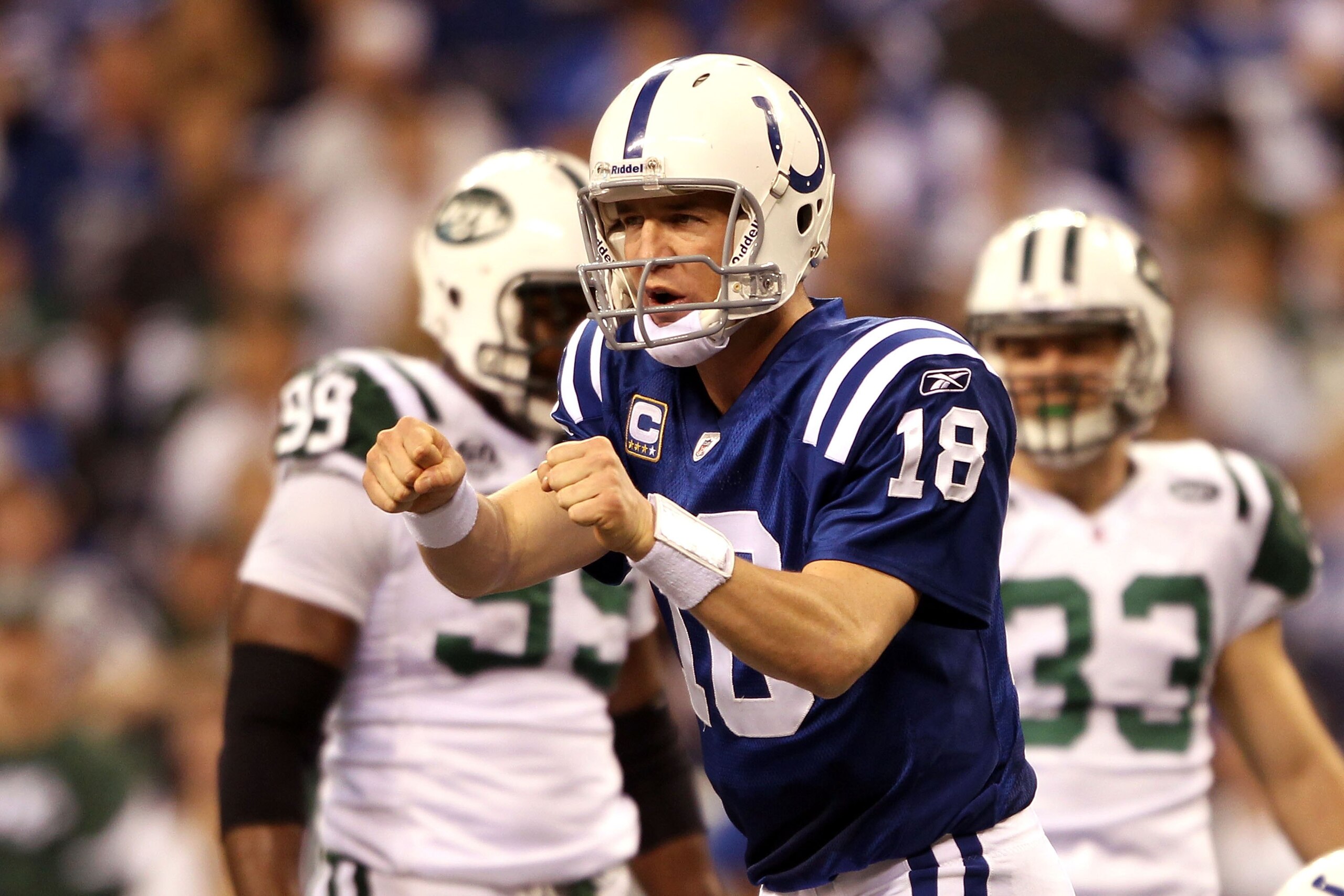 INDIANAPOLIS - JANUARY 24:  Quarterback Peyton Manning #18 of the Indianapolis Colts reacts during the first half against the New York Jets during the AFC Championship Game at Lucas Oil Stadium on January 24, 2010 in Indianapolis, Indiana. The Colts defea