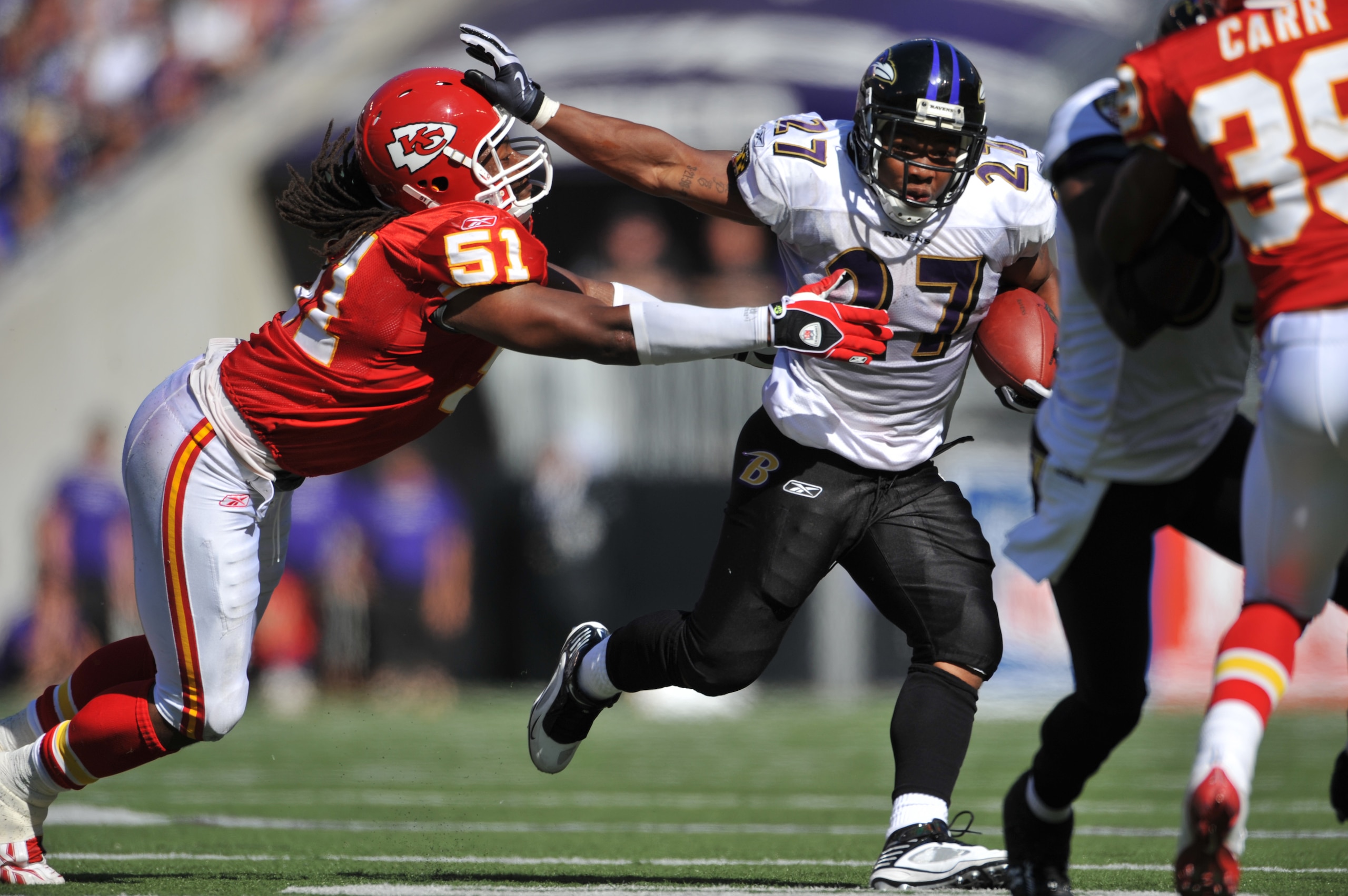 BALTIMORE - SEPTEMBER 13:  Ray Rice #27 of the Baltimore Ravens runs the ball against the Kansas City Chiefs at M&T Bank Stadium on September 13, 2009 in Baltimore, Maryland. The Ravens defeated the Chiefs 38-24. (Photo by Larry French/Getty Images)