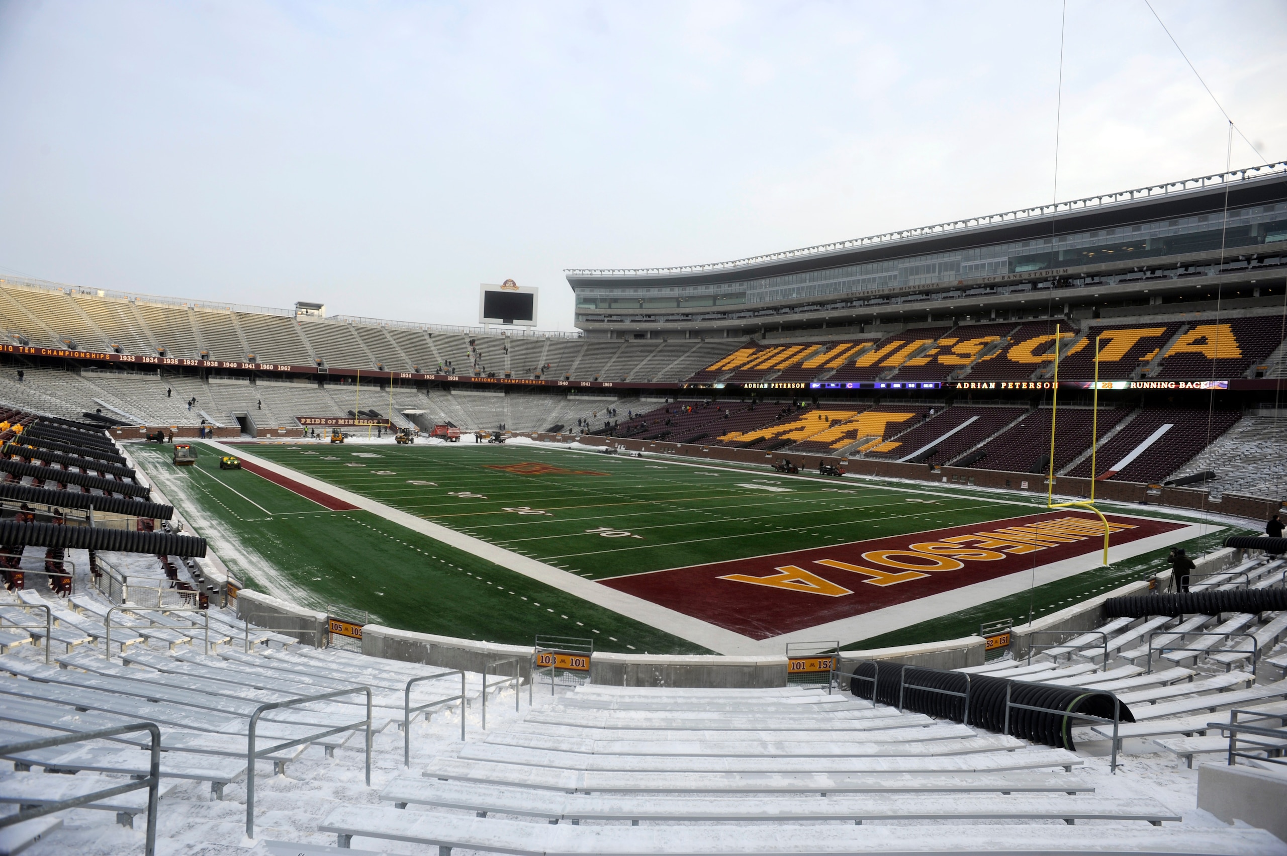 MINNEAPOLIS, MN - DECEMBER 17: TCF Bank Stadium prepares for a potential monday night football game between the Minnesota Vikings and Chicago Bears on December 17, 2010 in Minneapolis, Minnesota. Preparations are due to the collapsed roof at the Hubert H.