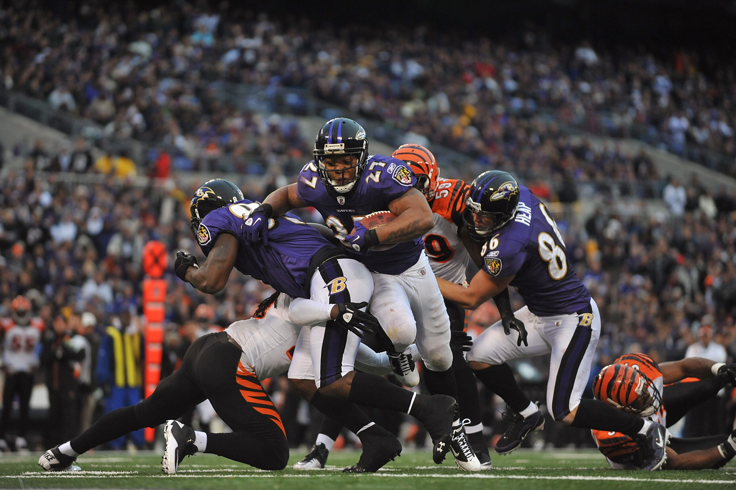 BALTIMORE, MD - JANUARY 2: Ray Rice #27 of the Baltimore Ravens scores his team's only touchdown against the Cincinnati Bengals at M&T Bank Stadium on January 2, 2011 in Baltimore, Maryland. The Ravens defeated the Bengals 13-6. (Photo by Larry French/G BALTIMORE, MD - JANUARY 2: Ray Rice #27 of the Baltimore Ravens scores his team's only touchdown against the Cincinnati Bengals at M&T Bank Stadium on January 2, 2011 in Baltimore, Maryland. The Ravens defeated the Bengals 13-6. (Photo by Larry French/G