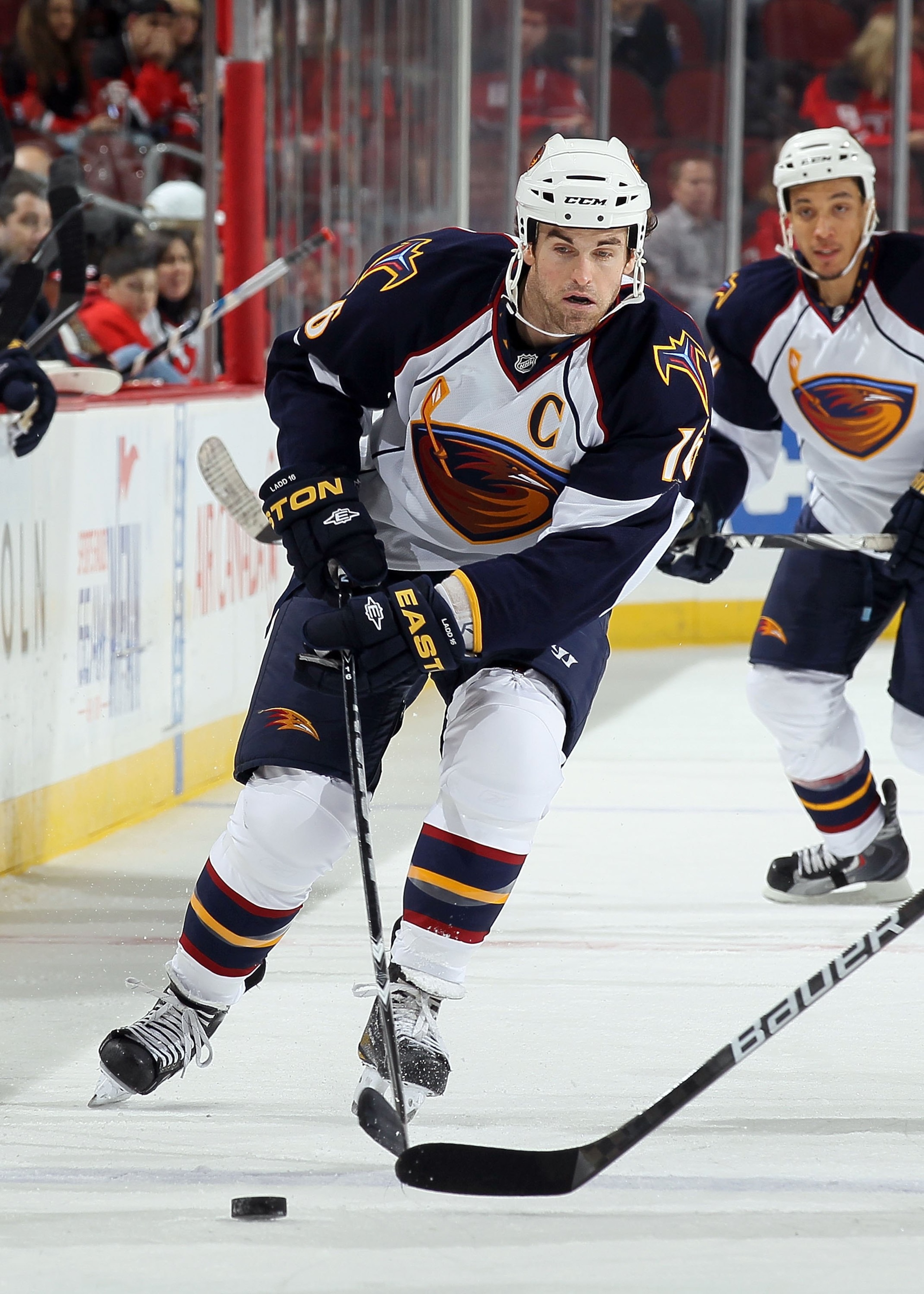 NEWARK, NJ - DECEMBER 31:  Andrew Ladd #16 of the Atlanta Thrashers skates against the New Jersey Devils at the Prudential Center on December 31, 2010 in Newark, New Jersey. The Devils defeated the Thrashers 3-1.  (Photo by Jim McIsaac/Getty Images)