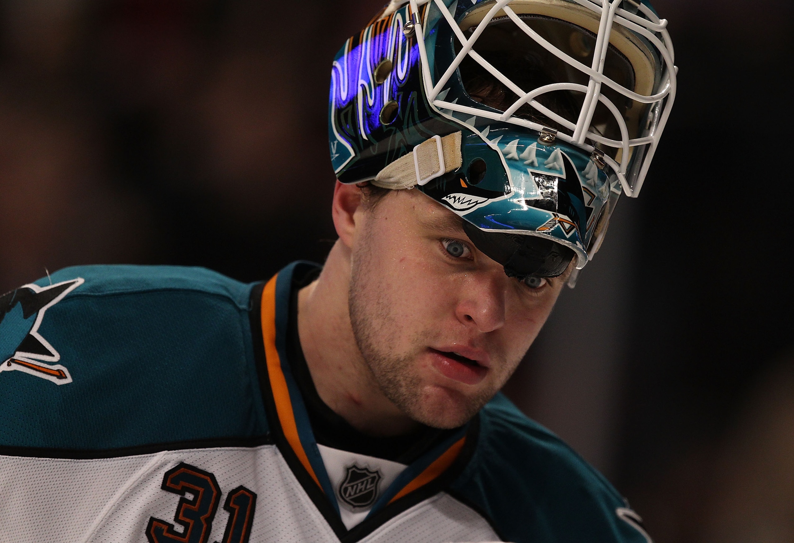 CHICAGO, IL - DECEMBER 30: Antti Niemi #31 of the San Jose Sharks reacts to playing the Chicago Blackhawks at the United Center on December 30, 2010 in Chicago, Illinois. (Photo by Jonathan Daniel/Getty Images)
