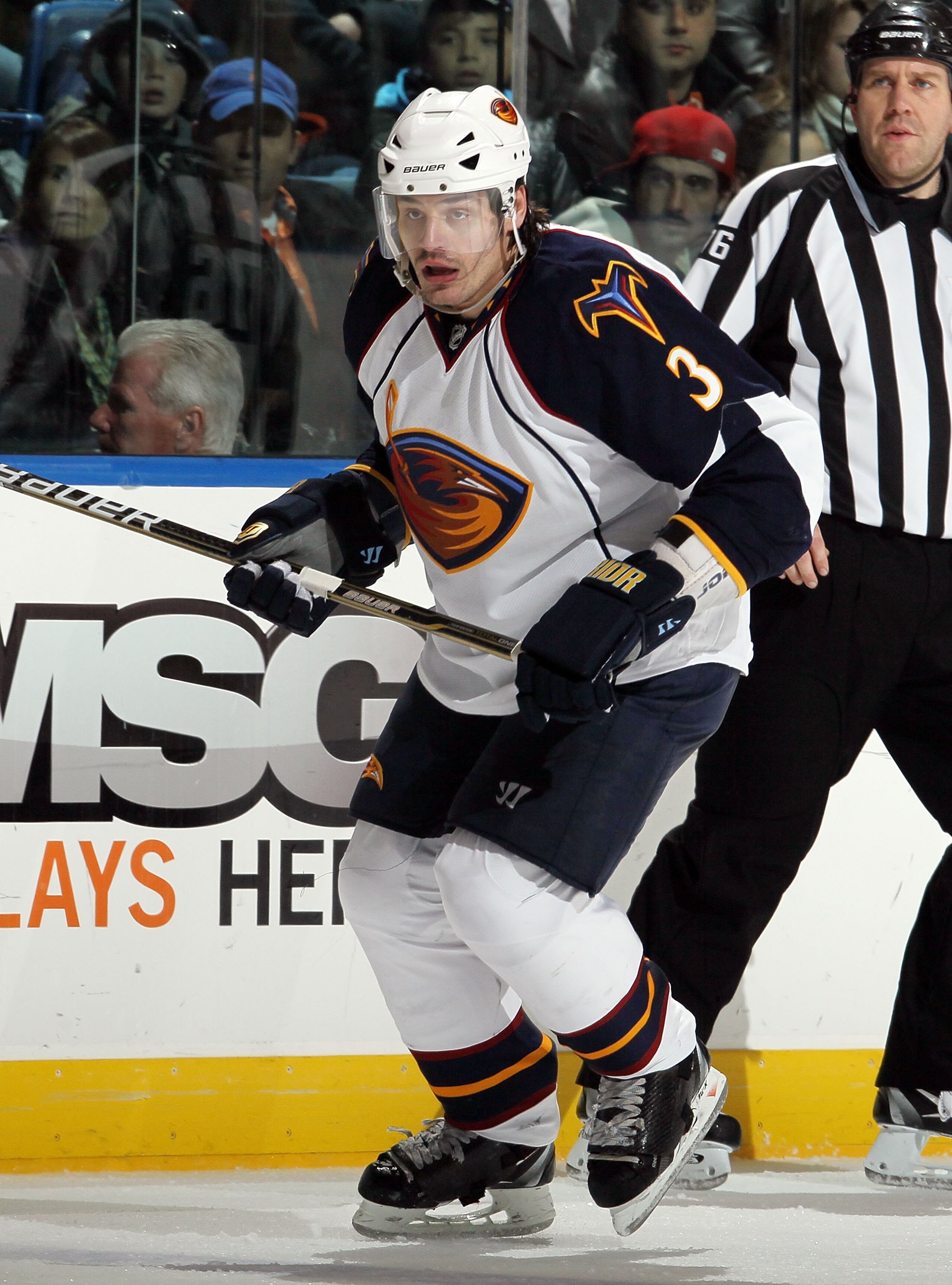 UNIONDALE, NY - DECEMBER 11:  Brent Sopel #3 of the Atlanta Thrashers skates against the New York Islanders on December 11, 2010 at Nassau Coliseum in Uniondale, New York. The Thrashers defeated the Isles 5-4.  (Photo by Jim McIsaac/Getty Images)