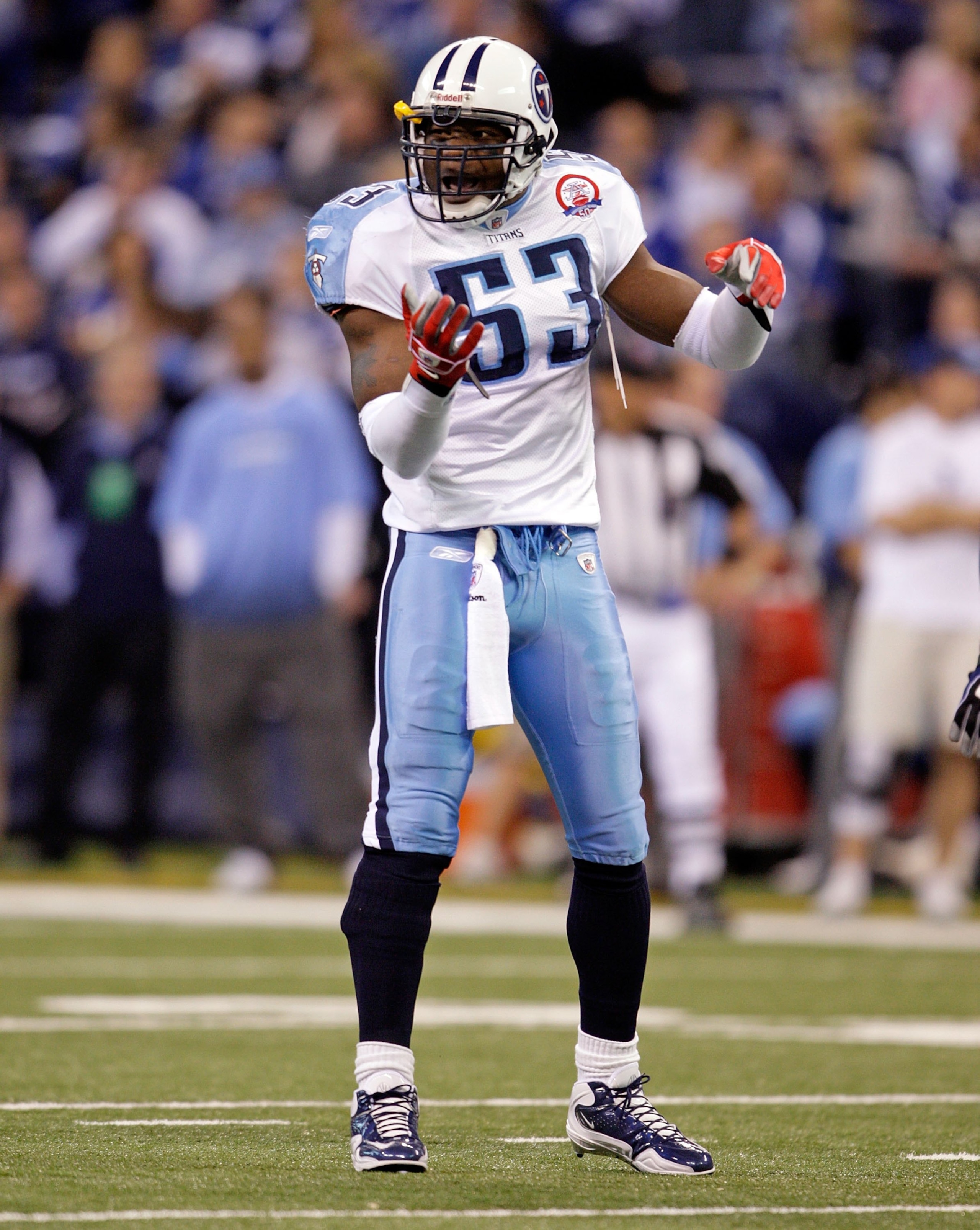 INDIANAPOLIS - DECEMBER 06: Keith Bulluck #53 of  the Tennessee Titans reacts during the NFL game against the Indianapolis Colts at Lucas Oil Stadium on December 6, 2009 in Indianapolis, Indiana.  (Photo by Andy Lyons/Getty Images)