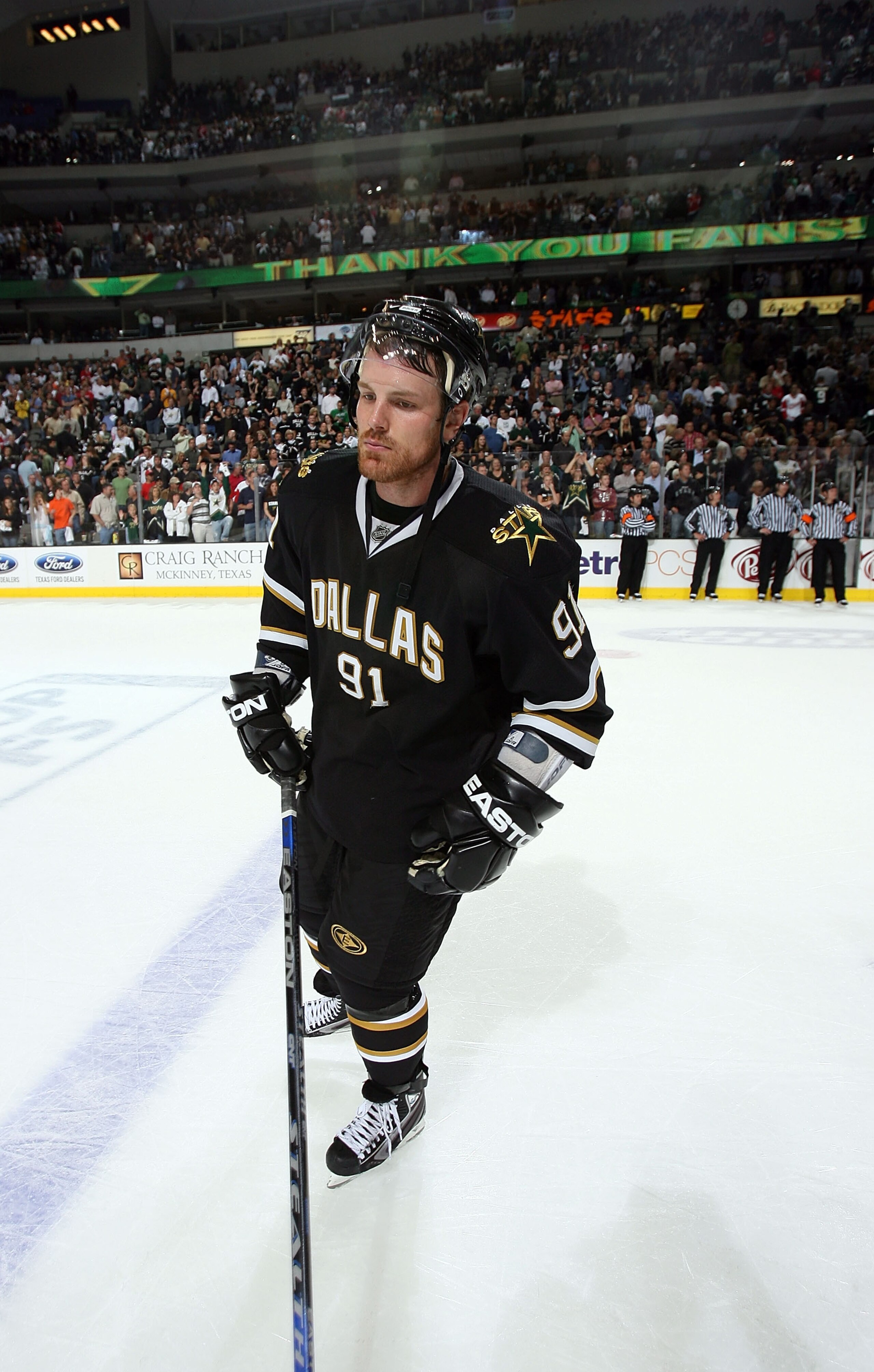 DALLAS - MAY 19:  Center Brad Richards #91 of the Dallas Stars skates off the ice after a 4-1 loss against the Detroit Red Wings in game six of the Western Conference Finals of the 2008 NHL Stanley Cup Playoffs on May 19, 2008 at the American Airlines Cen