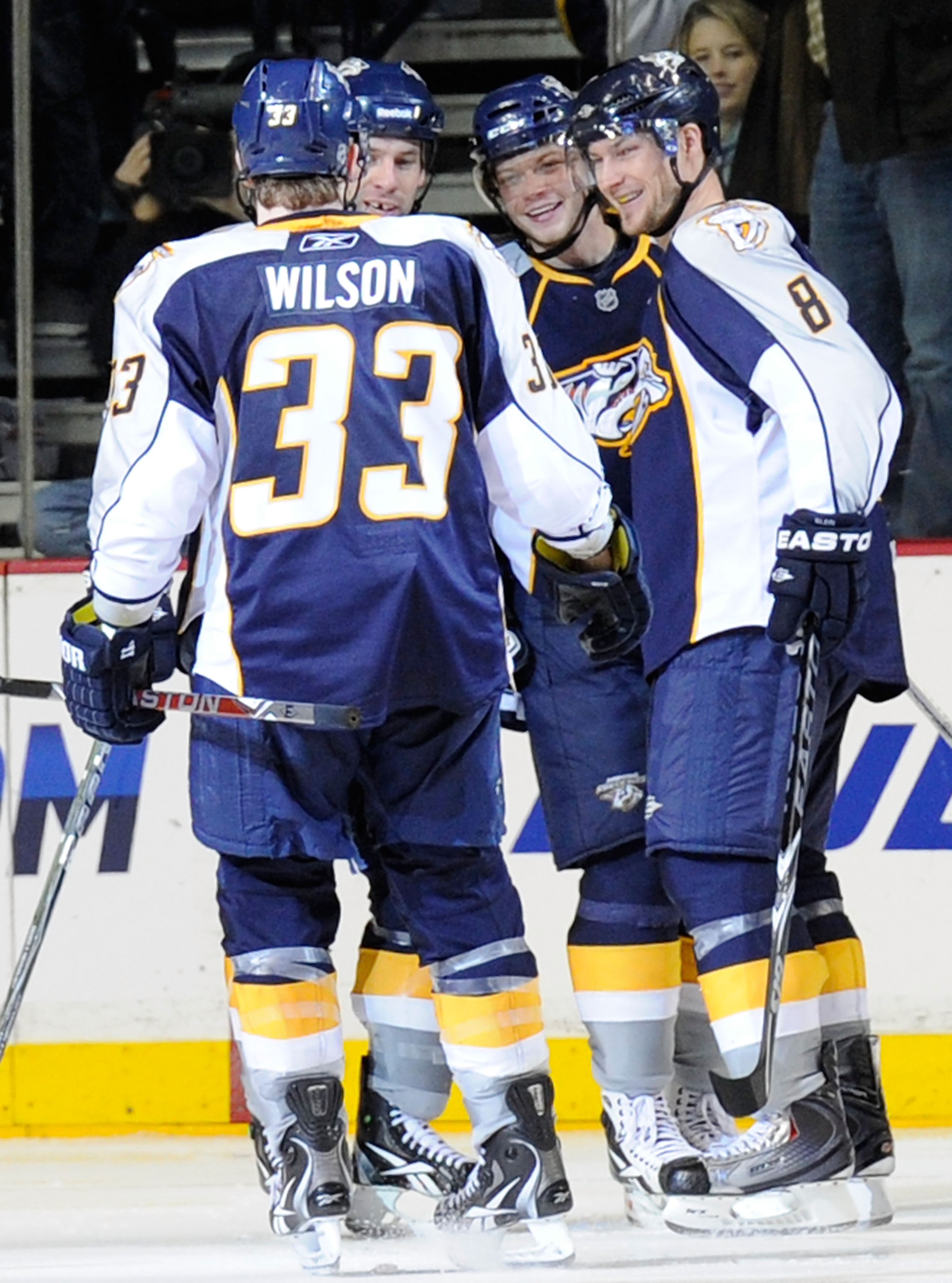 NASHVILLE, TN - JANUARY 02:  Colin Wilson #33, Shea Weber, Sergei Kostitsyn, and Kevin Klein #8 of the Nashville Predators celebrate a Kostitsyn goal against the Columbus Blue Jackets on January 2, 2011 at the Bridgestone Arena in Nashville, Tennessee.  (