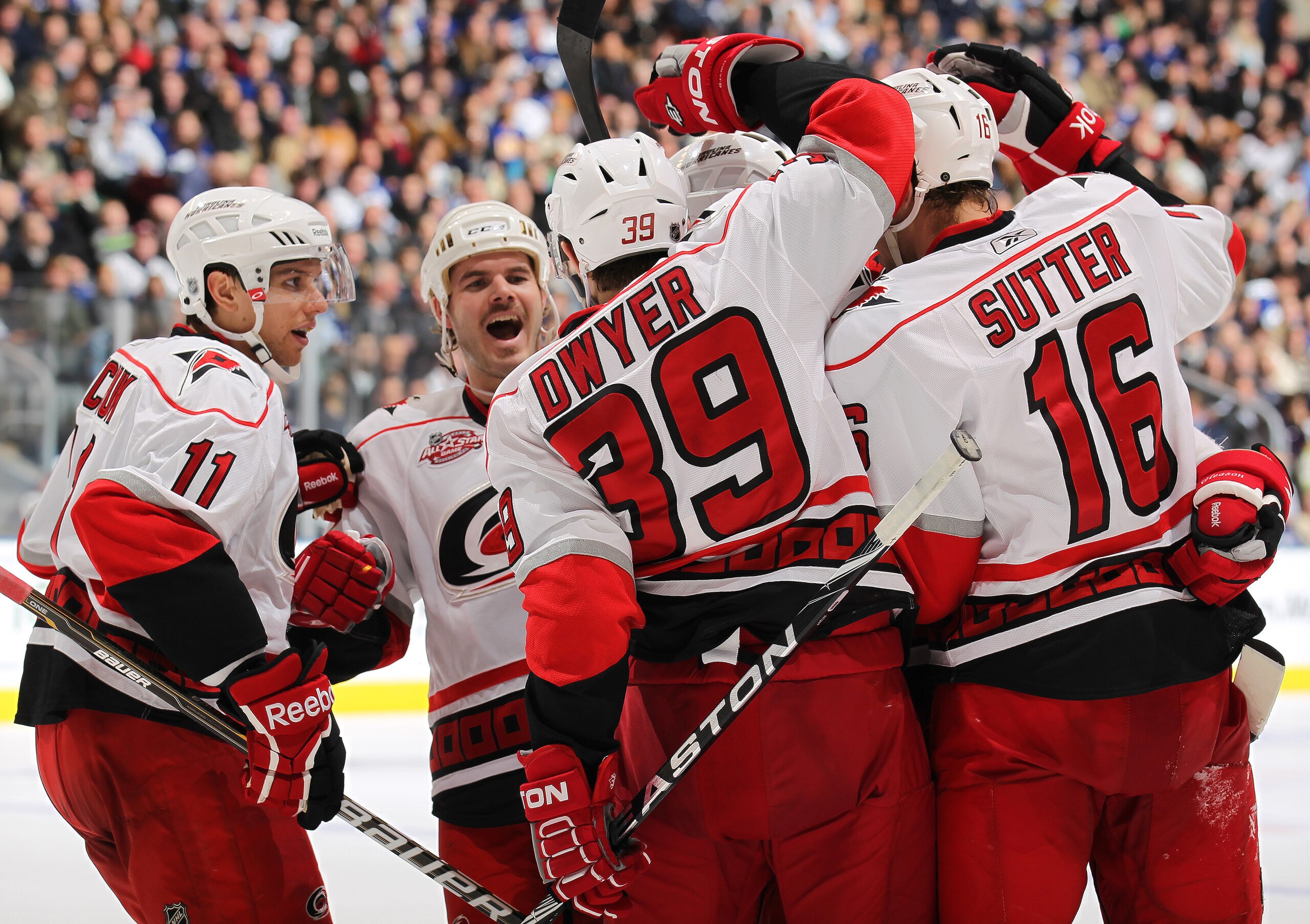 TORONTO, ON - DECEMBER 28:  Patrick Dwyer #39 of the Carolina Hurricanes scores the go ahead goal in a game against the Toronto Maple Leafs on December 28, 2010 at the Air Canada Centre in Toronto, Ontario. The Hurricanes defeated the Leafs 4-3. (Photo by