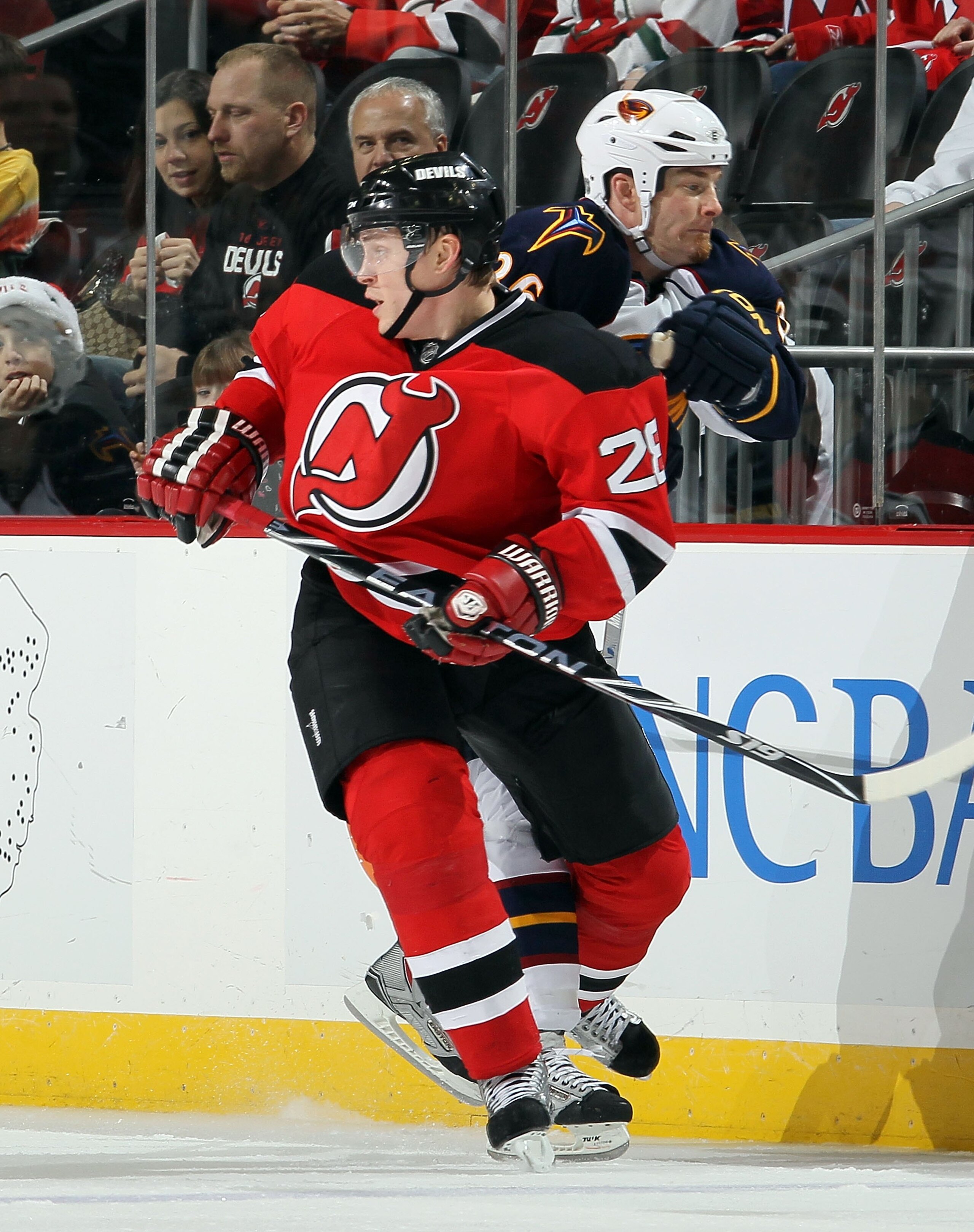 NEWARK, NJ - DECEMBER 31:  Anton Volchenkov #28 of the New Jersey Devils skates against the Atlanta Thrashers at the Prudential Center on December 31, 2010 in Newark, New Jersey.  (Photo by Jim McIsaac/Getty Images)