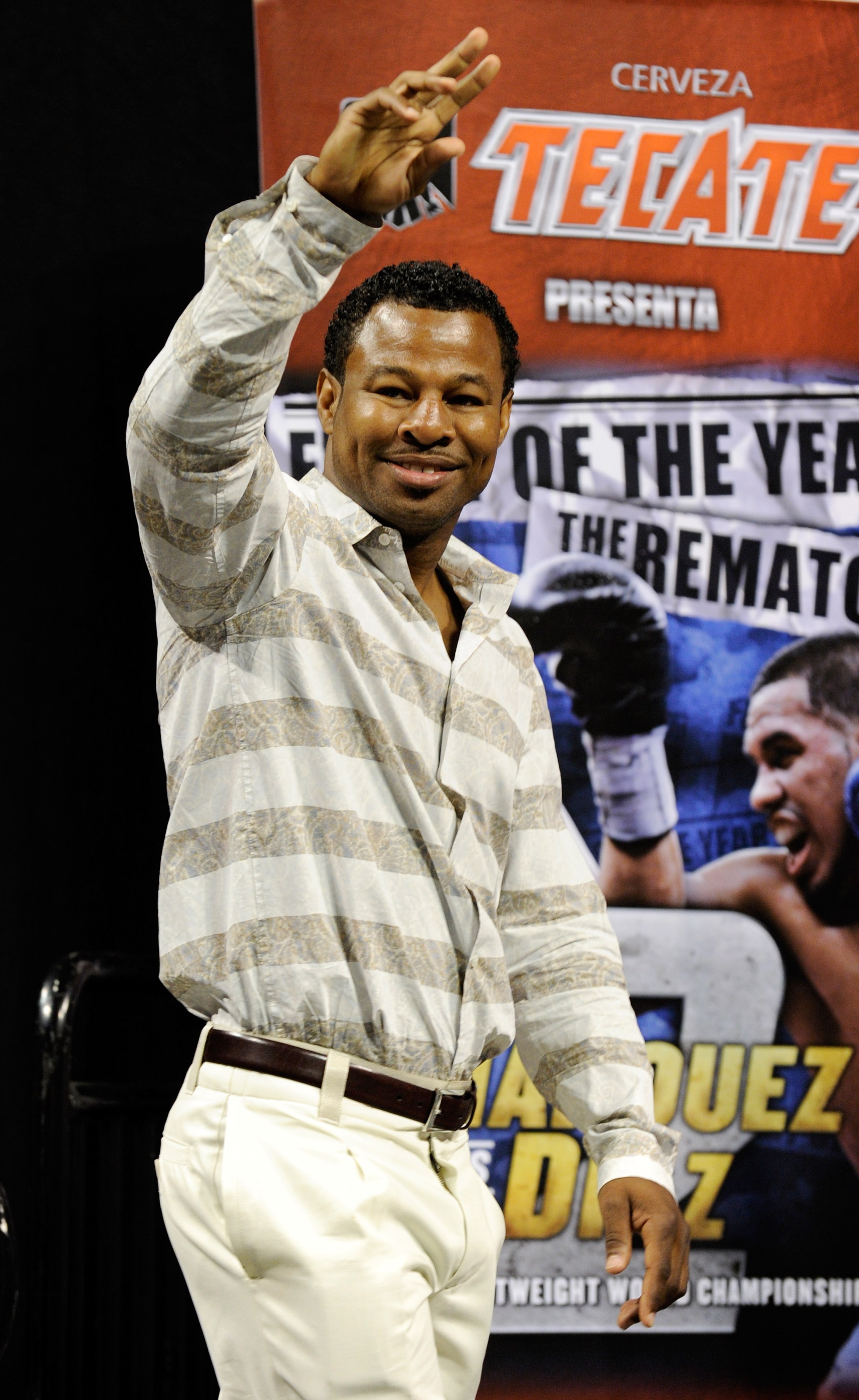 LAS VEGAS - JULY 30: Boxer Shane Mosley appears during the official weigh-in for WBA/WBO lightweight champion Juan Manuel Marquez and Juan Diaz at the Mandalay Bay Events Center July 30, 2010 in Las Vegas, Nevada. Marquez will defend his titles against D LAS VEGAS - JULY 30: Boxer Shane Mosley appears during the official weigh-in for WBA/WBO lightweight champion Juan Manuel Marquez and Juan Diaz at the Mandalay Bay Events Center July 30, 2010 in Las Vegas, Nevada. Marquez will defend his titles against D
