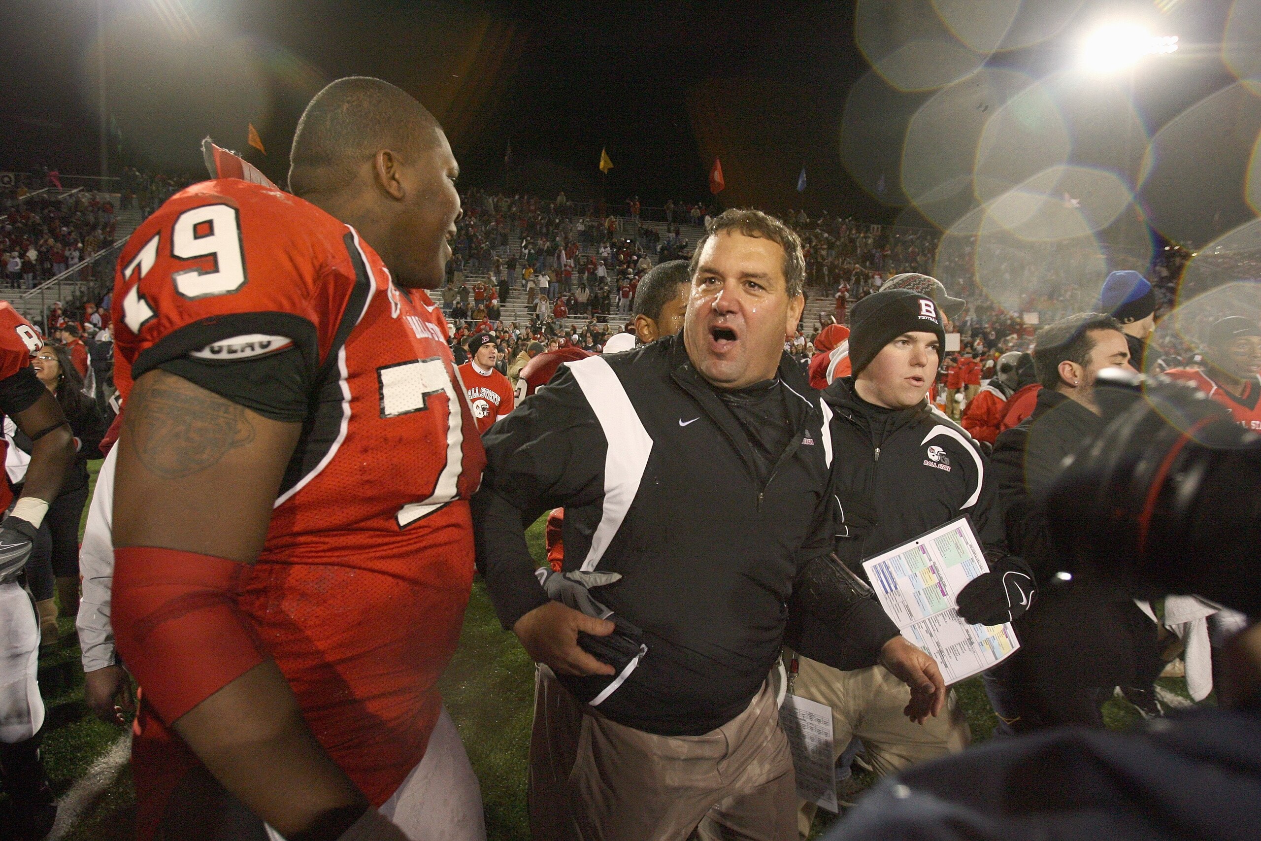 MUNCIE, IN - NOVEMBER 25:  Andre Ramsey #79 and head coach Brady Hoke of the Ball State Cardinals celebrate after  the MAC game against the Western Michigan Broncos at Scheumann Stadium on November 25, 2008 in Muncie, Indiana.  (Photo by Andy Lyons/Getty