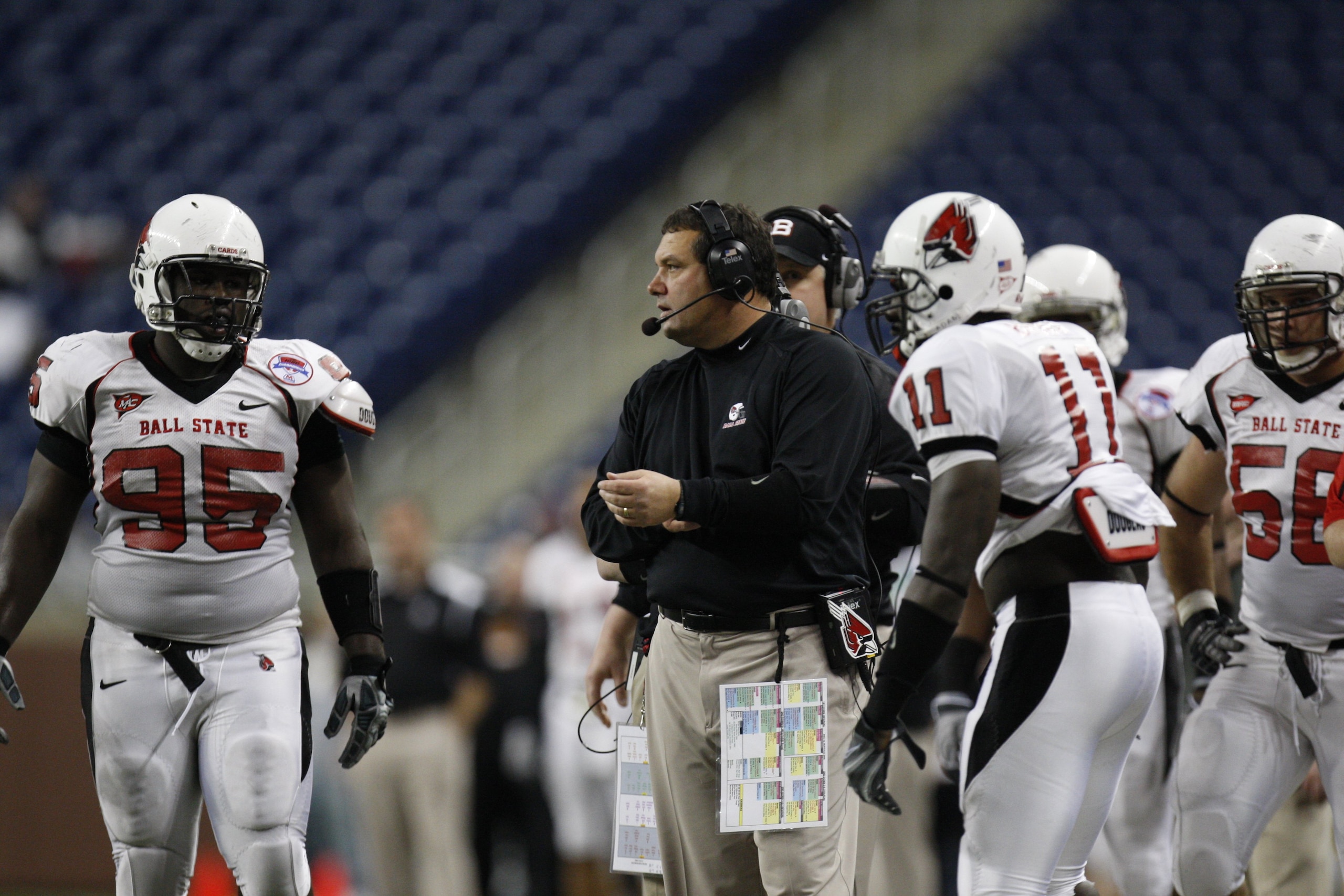 DETROIT - DECEMBER 5:  Head Coach Brady Hoke of the Ball State Cardinals looks on against the Buffalo Bulls during the MAC Championship game on December 5, 2008 at Ford Field in Detroit Michigan. (Photo by: Gregory Shamus/Getty Images)