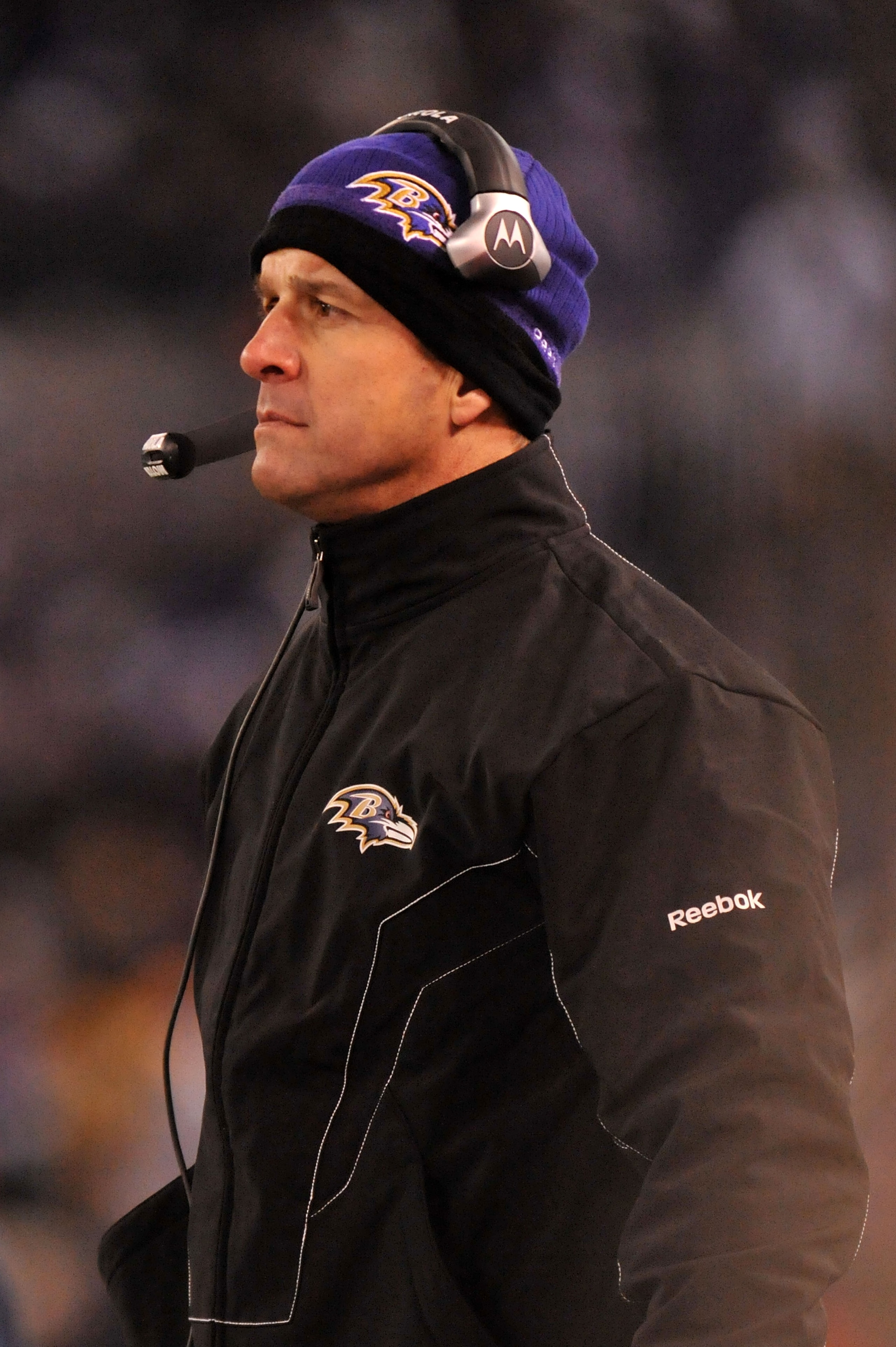 BALTIMORE, MD - DECEMBER 05:  John Harbaugh head coach of the Baltimore Ravens looks on while playing against the Pittsburgh Steelers during the second quarter of the game at M&T Bank Stadium on December 5, 2010 in Baltimore, Maryland.  (Photo by Larry Fr