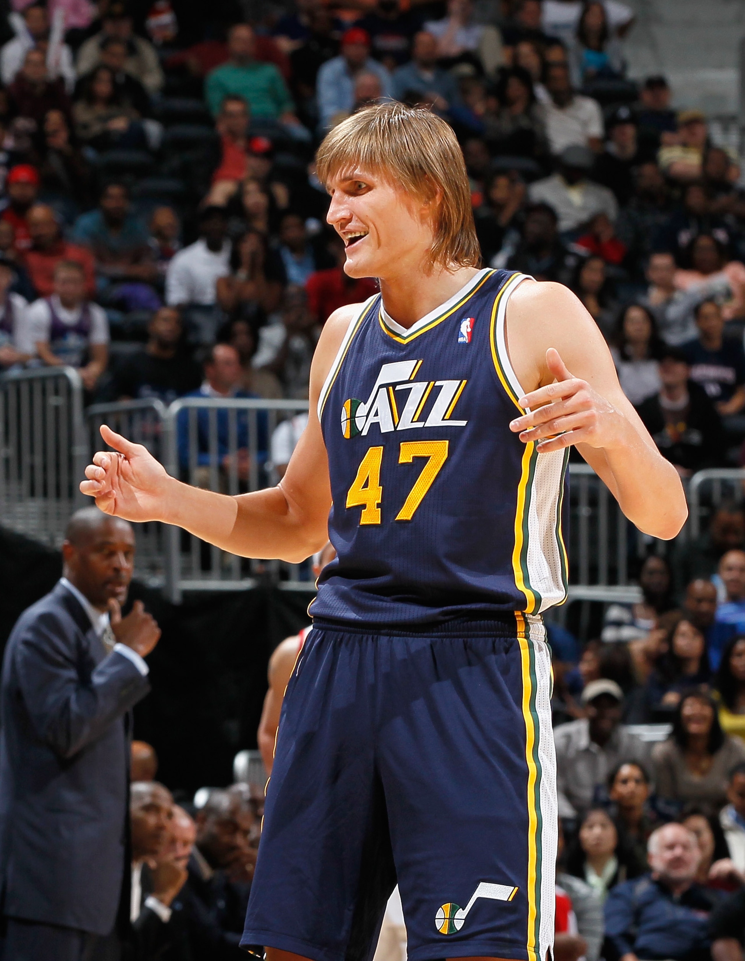 ATLANTA - NOVEMBER 12: Andrei Kirilenko #47 of the Utah Jazz against the Atlanta Hawks at Philips Arena on November 12, 2010 in Atlanta, Georgia. NOTE TO USER: User expressly acknowledges and agrees that, by downloading and/or using this Photograph, Use ATLANTA - NOVEMBER 12: Andrei Kirilenko #47 of the Utah Jazz against the Atlanta Hawks at Philips Arena on November 12, 2010 in Atlanta, Georgia. NOTE TO USER: User expressly acknowledges and agrees that, by downloading and/or using this Photograph, Use