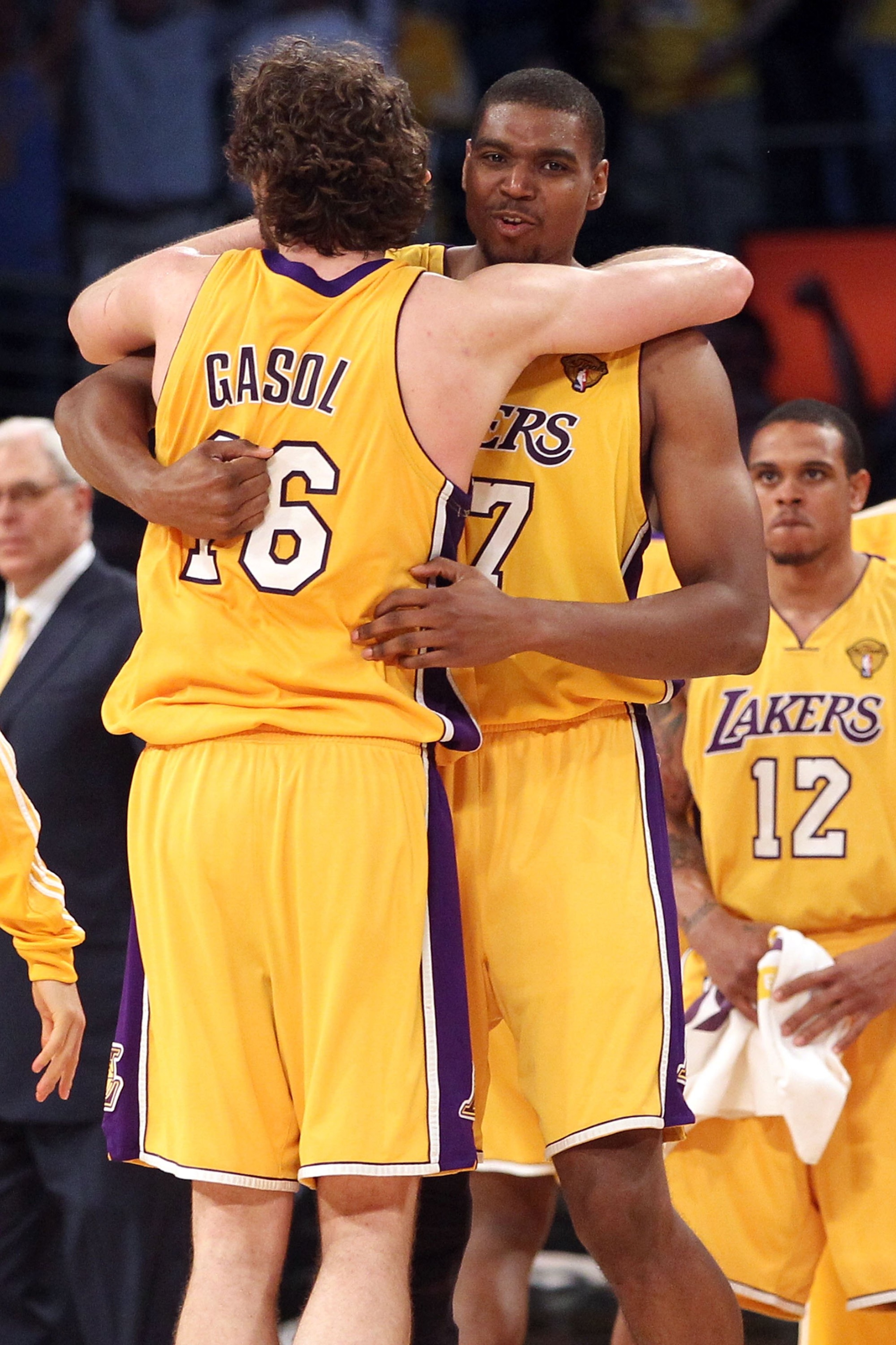 LOS ANGELES, CA - JUNE 17: Pau Gasol #16 of the Los Angeles Lakers reacts in the second half with teammate Andrew Bynum #17 while taking on the Boston Celtics in Game Seven of the 2010 NBA Finals at Staples Center on June 17, 2010 in Los Angeles, Califor LOS ANGELES, CA - JUNE 17: Pau Gasol #16 of the Los Angeles Lakers reacts in the second half with teammate Andrew Bynum #17 while taking on the Boston Celtics in Game Seven of the 2010 NBA Finals at Staples Center on June 17, 2010 in Los Angeles, Califor