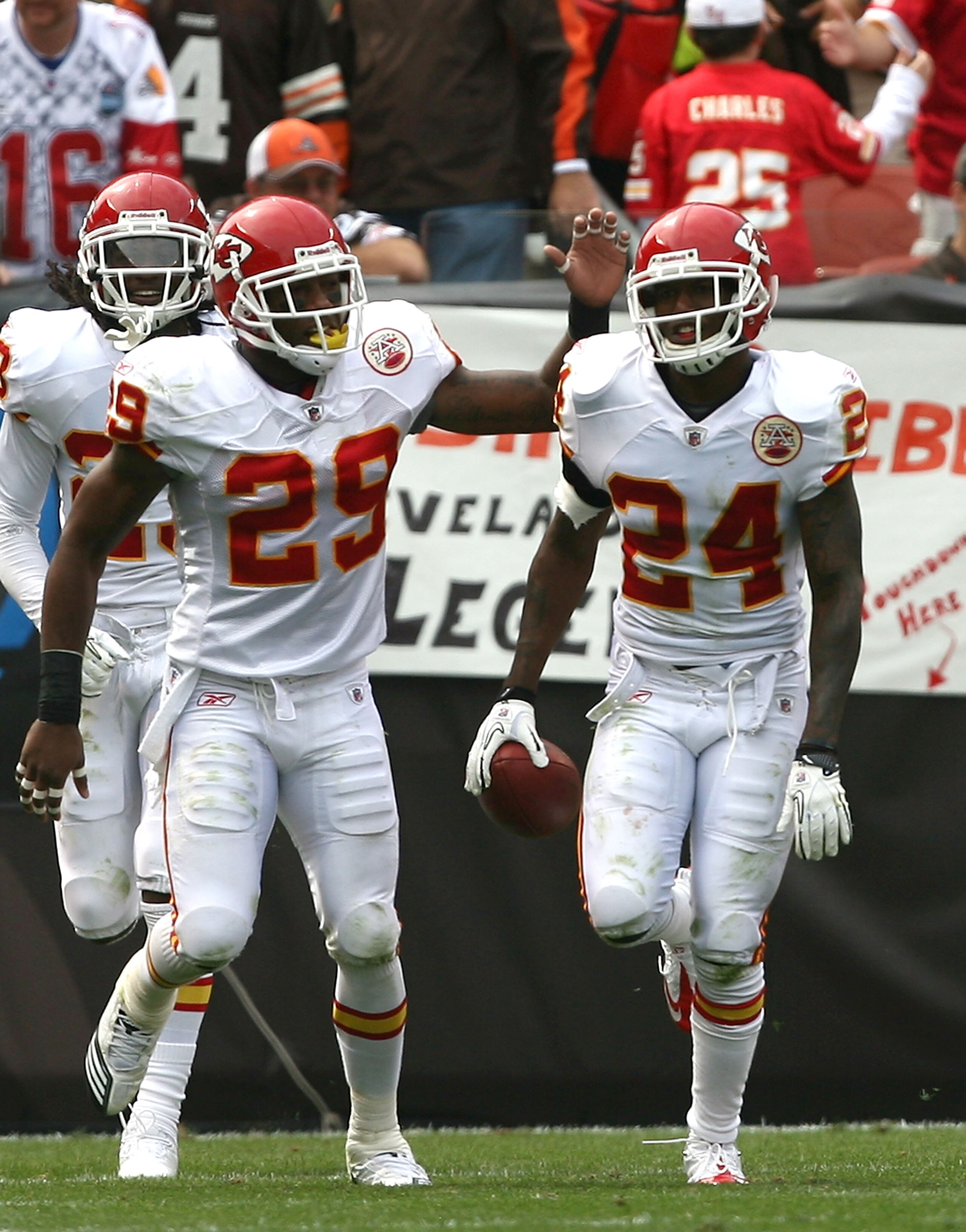 CLEVELAND - SEPTEMBER 19:  Cornerback Brandon Flowers #24 of the Kansas City Chiefs celebrates a touchdown with Eric Berry #29 against the Cleveland Browns at Cleveland Browns Stadium on September 19, 2010 in Cleveland, Ohio.  (Photo by Matt Sullivan/Gett