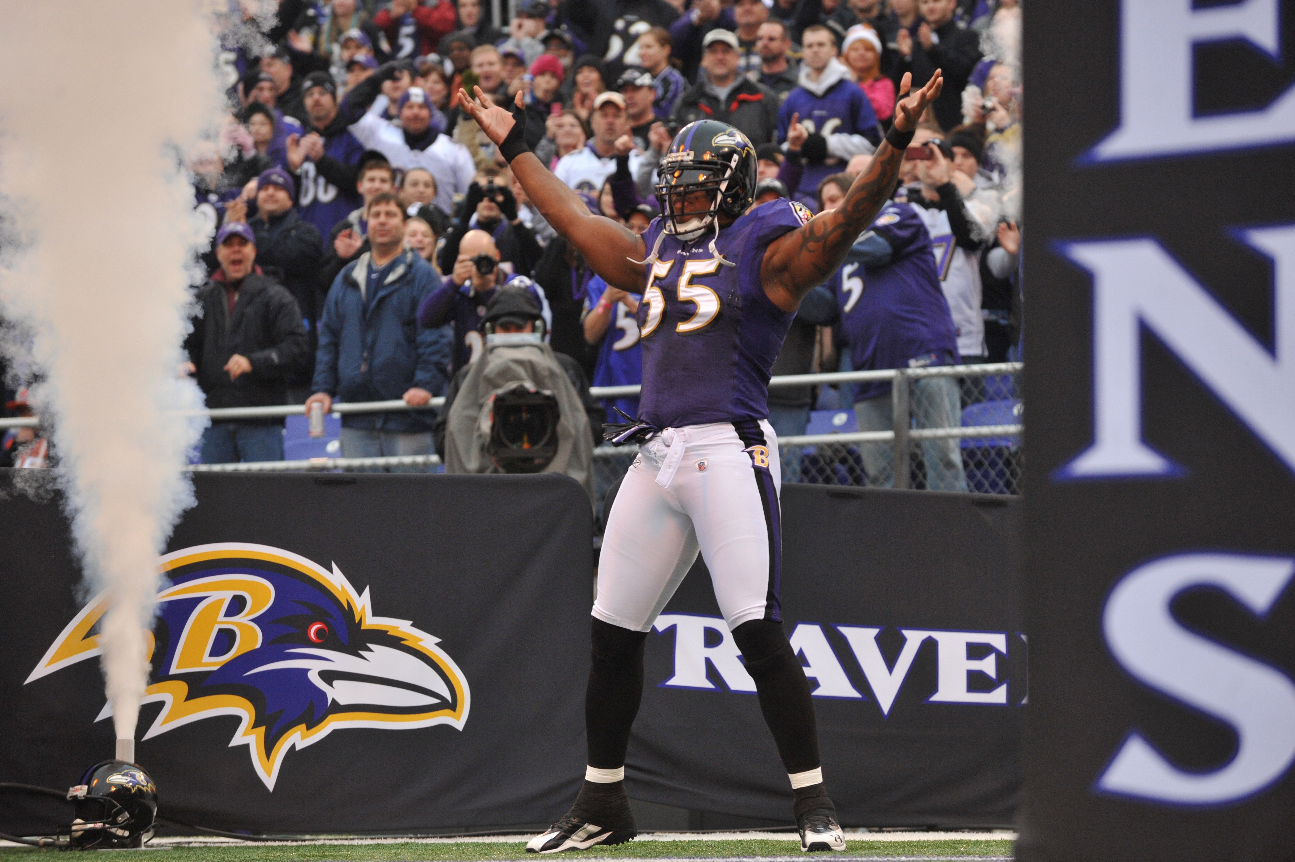 BALTIMORE, MD - JANUARY 2:  Terrell Suggs #55 of the Baltimore Ravens is introduced before the game against the Cincinnati Bengals  at M&T Bank Stadium on January 2, 2011 in Baltimore, Maryland. The Ravens defeated the Bengals 13-6. (Photo by Larry French